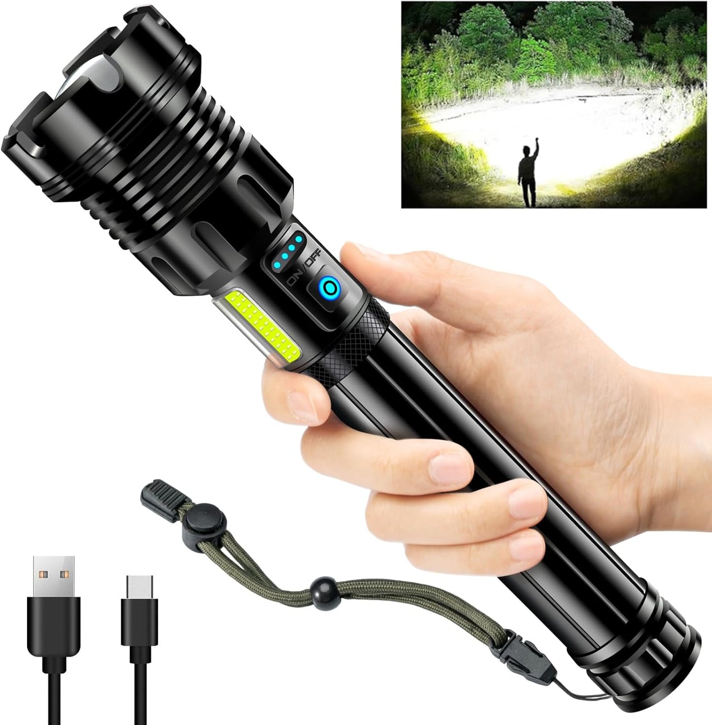 9000 High Lumens Rechargeable Flashlight with COB Work Light