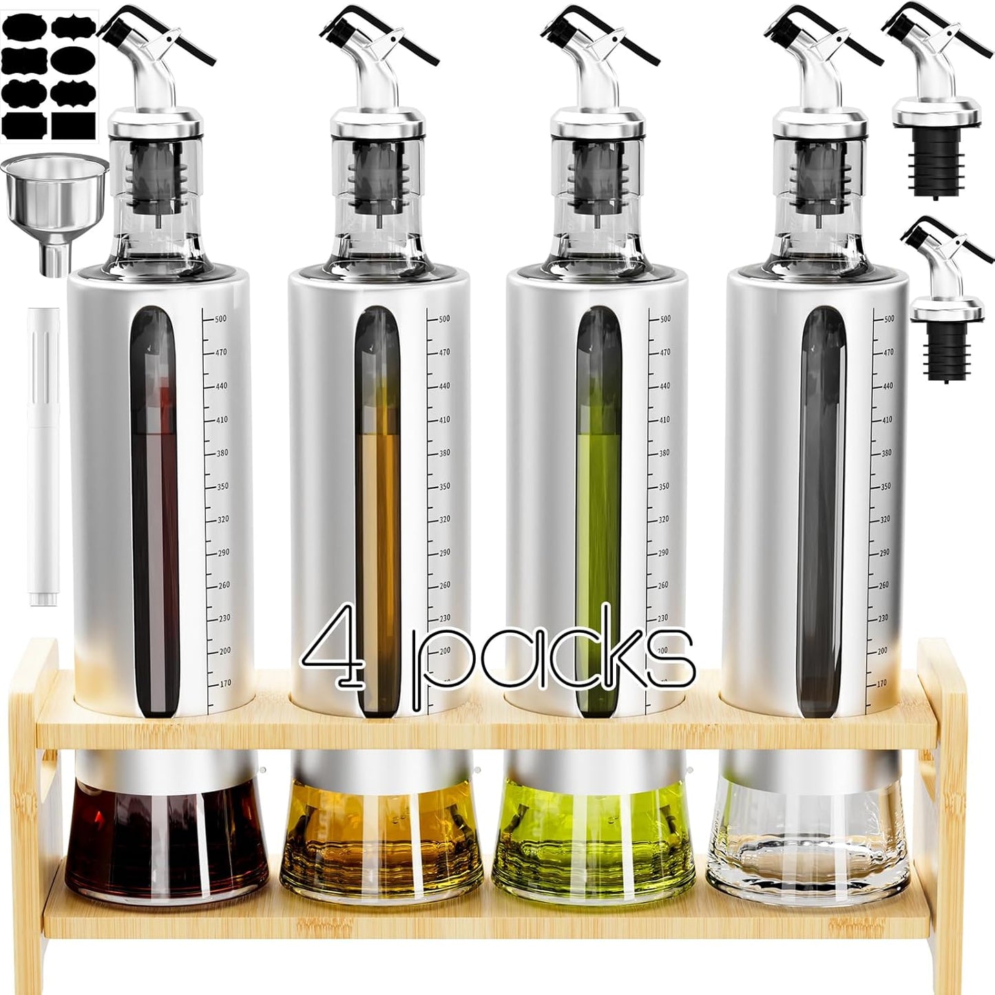 Oil Dispenser Bottle Set with Shelf and Pourers for Kitchen Use