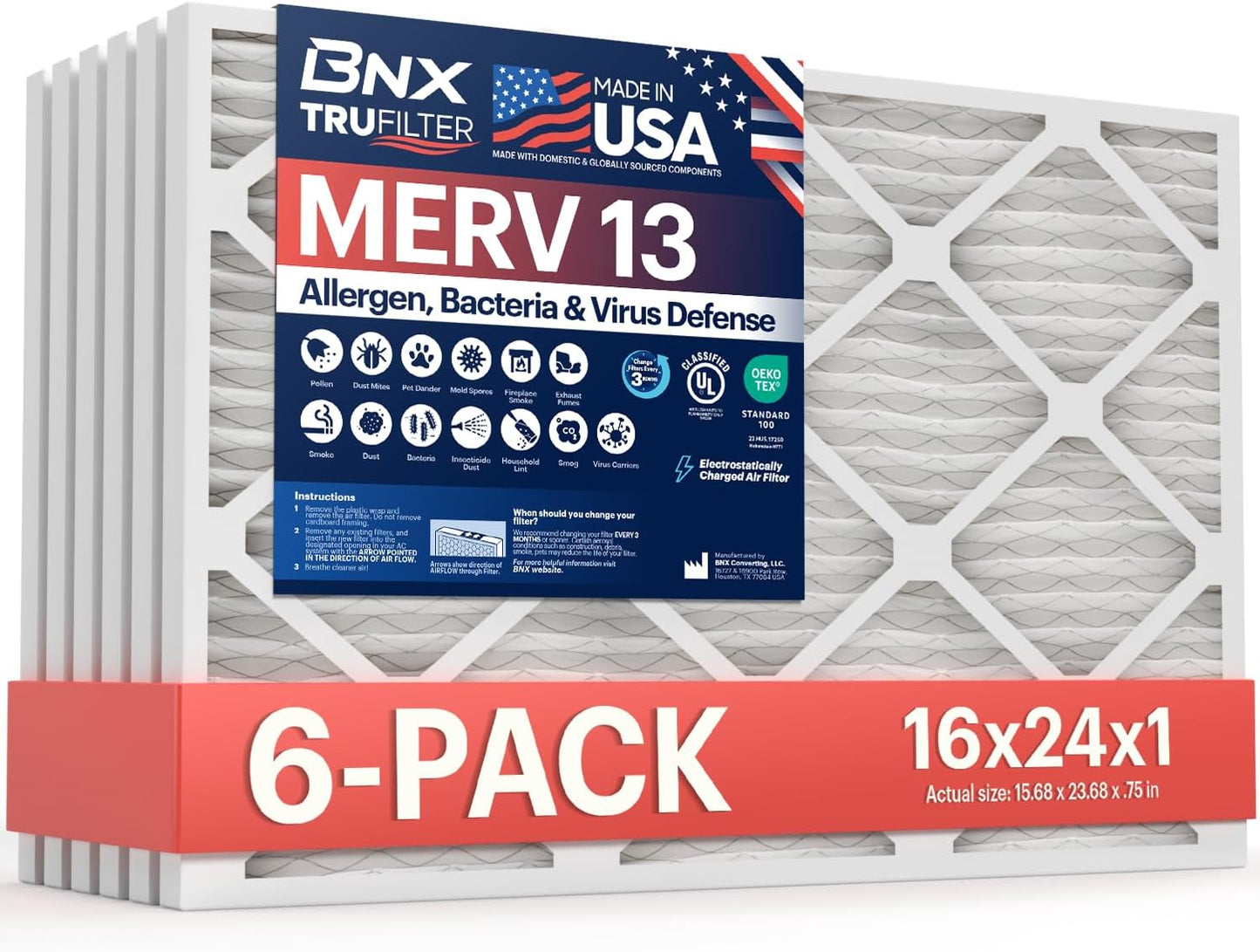 BNX MERV 13 Air Filter 6-Pack - USA Made - Allergy Filter for AC Furnace