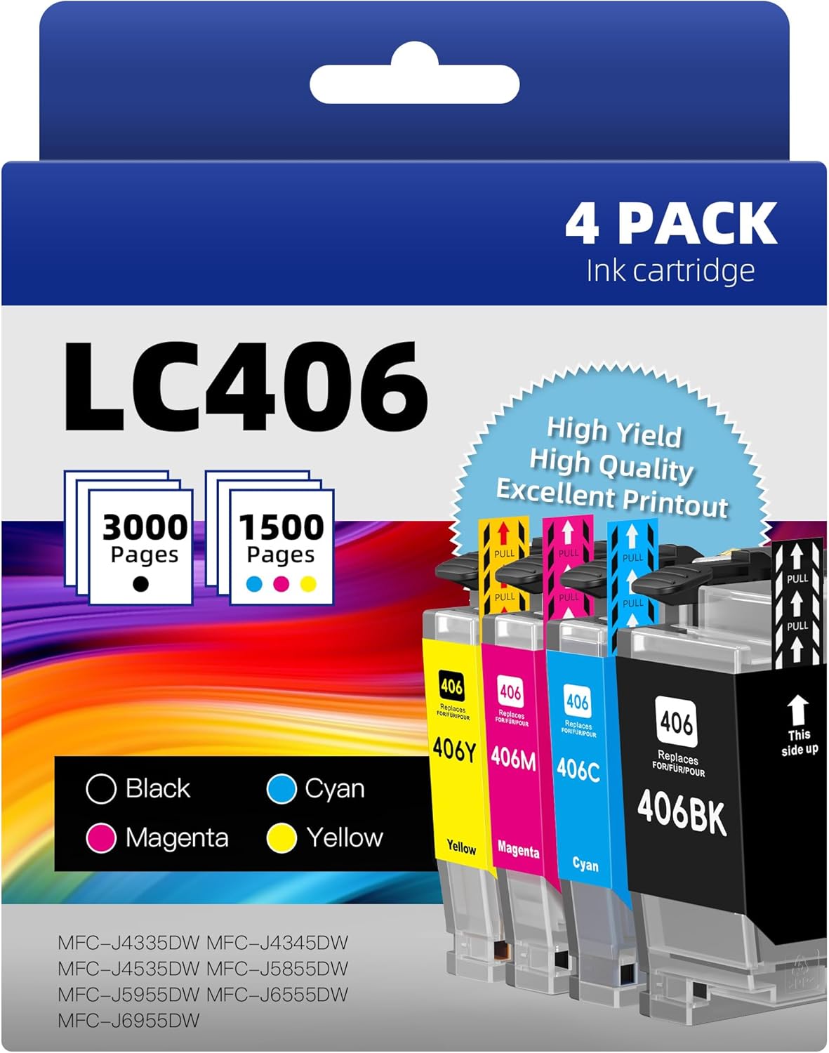 High Yield LC406 Ink Cartridges for Brother Printers - 4 Pack