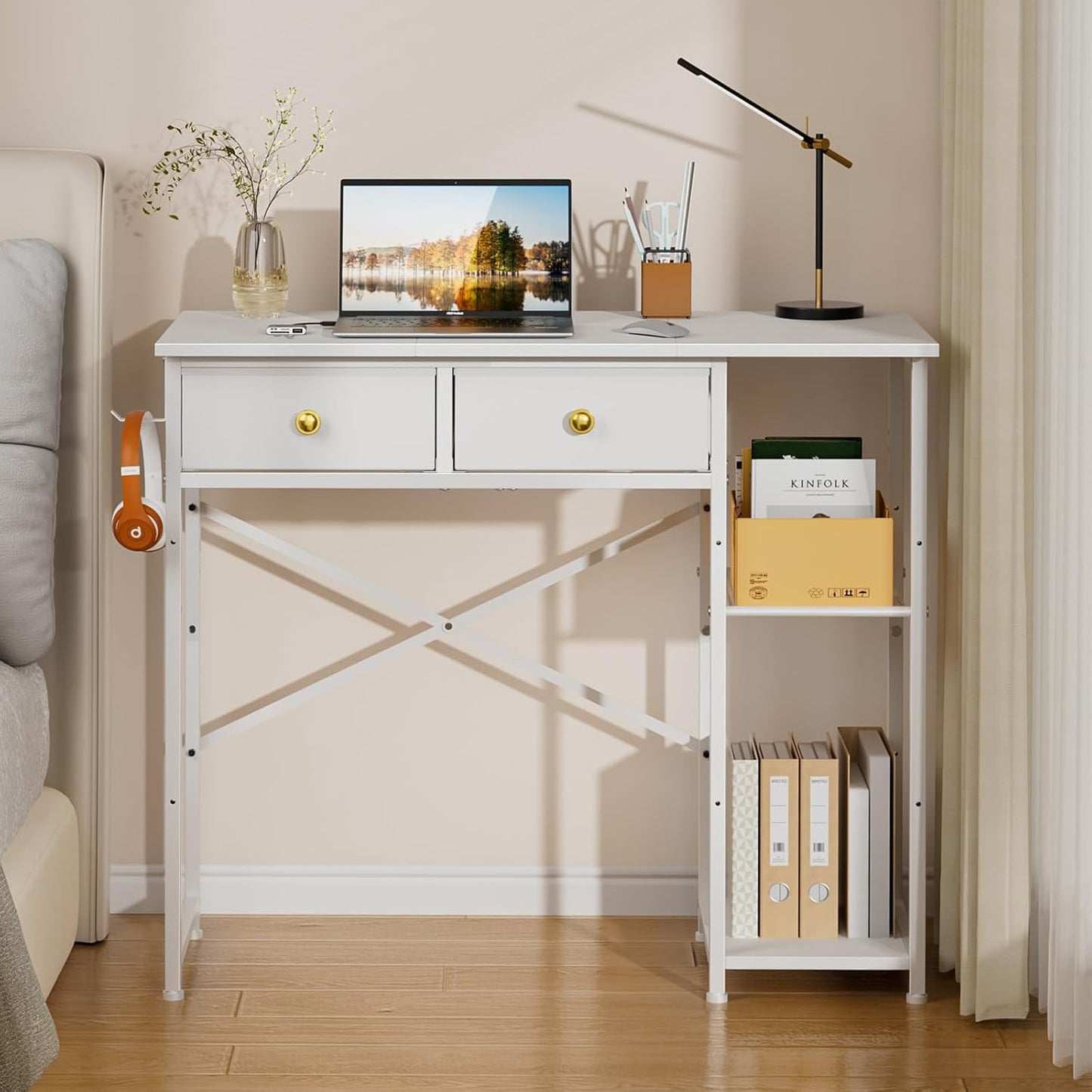 Compact White Desk with Storage - Perfect for Small Spaces