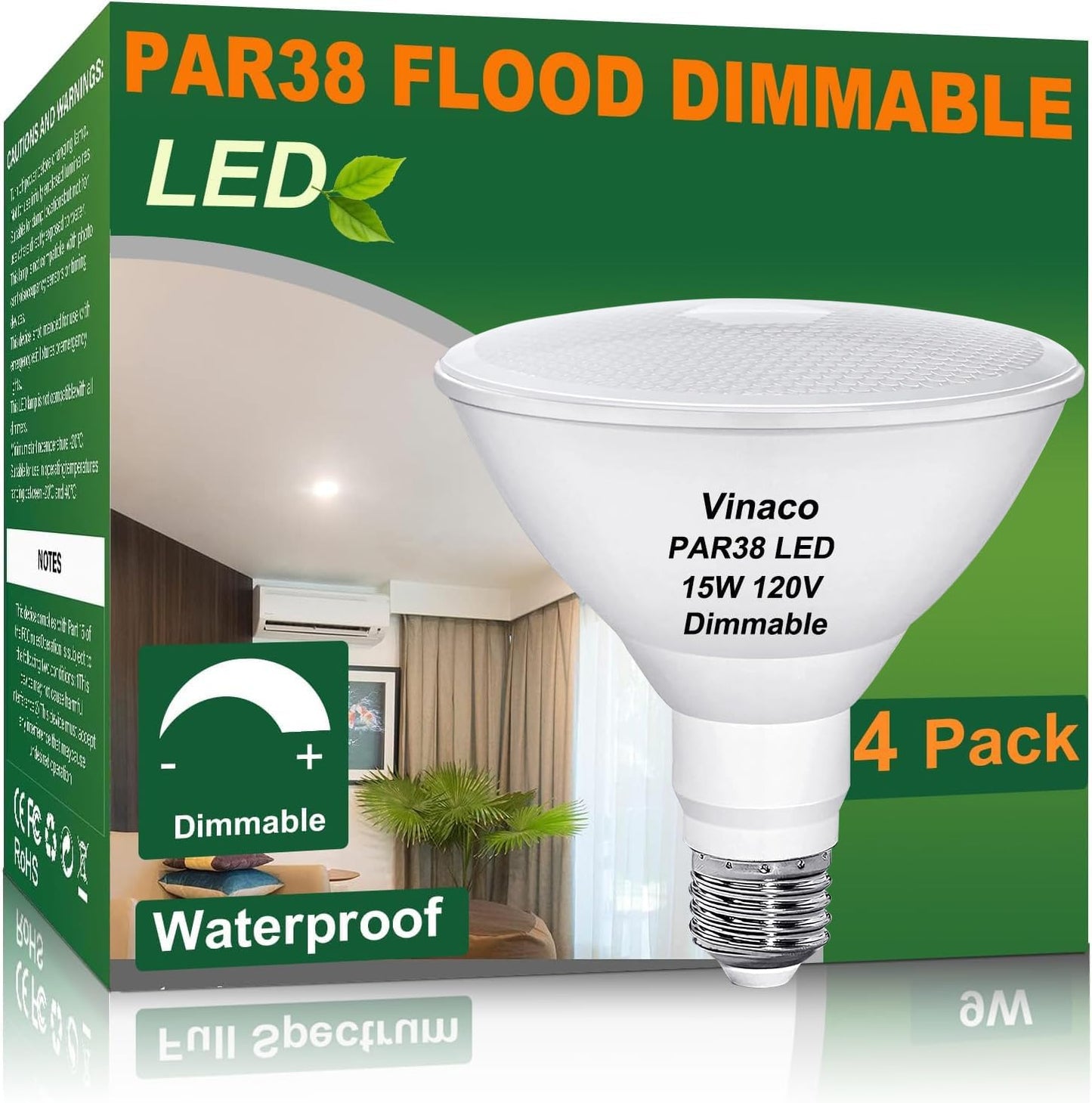 Vinaco PAR38 LED Flood Light Bulbs - Bright, Dimmable, Waterproof