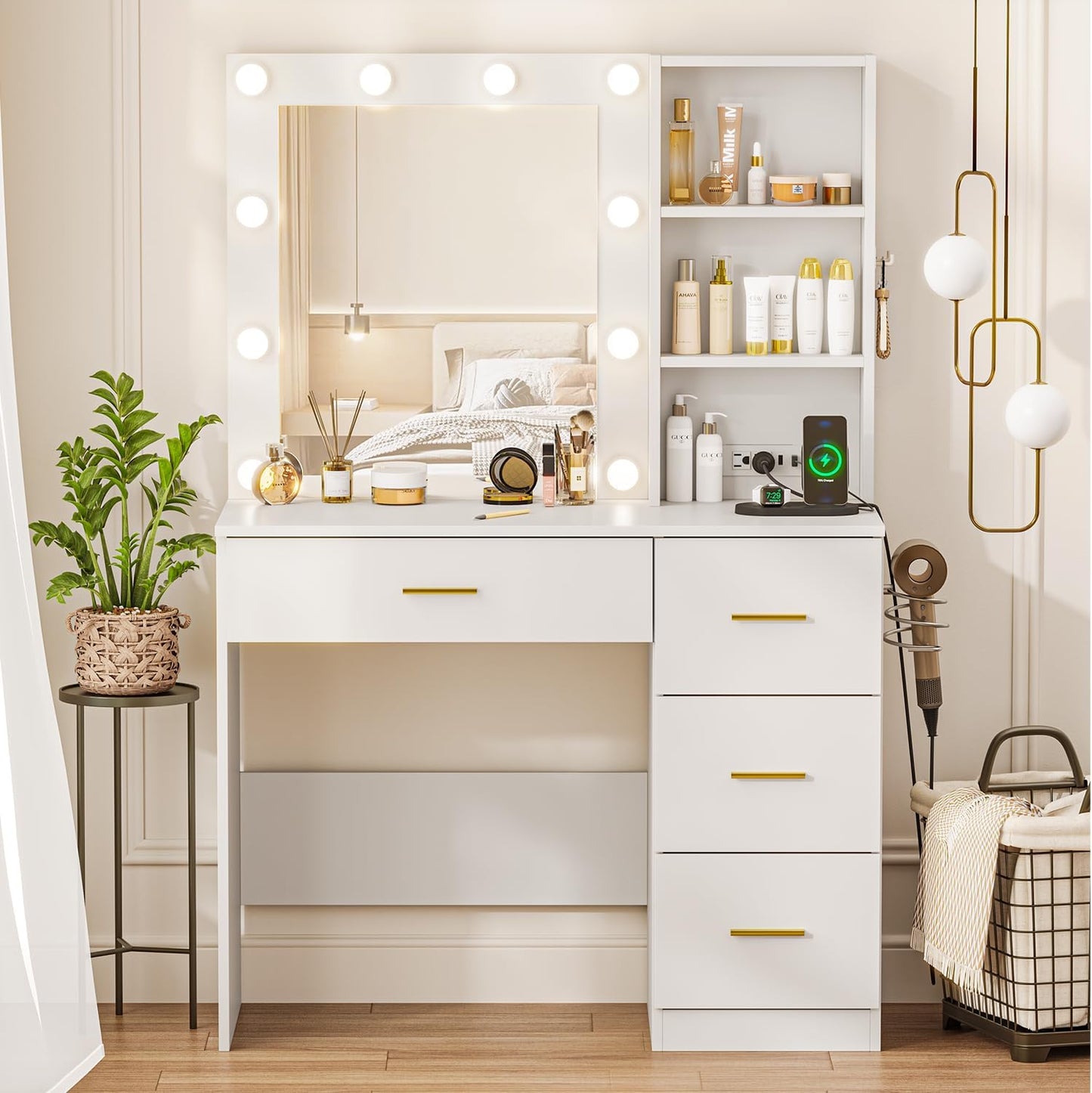 LED-Lighted White Vanity Desk: 3 Modes, Adjustable Brightness, 4 Drawers