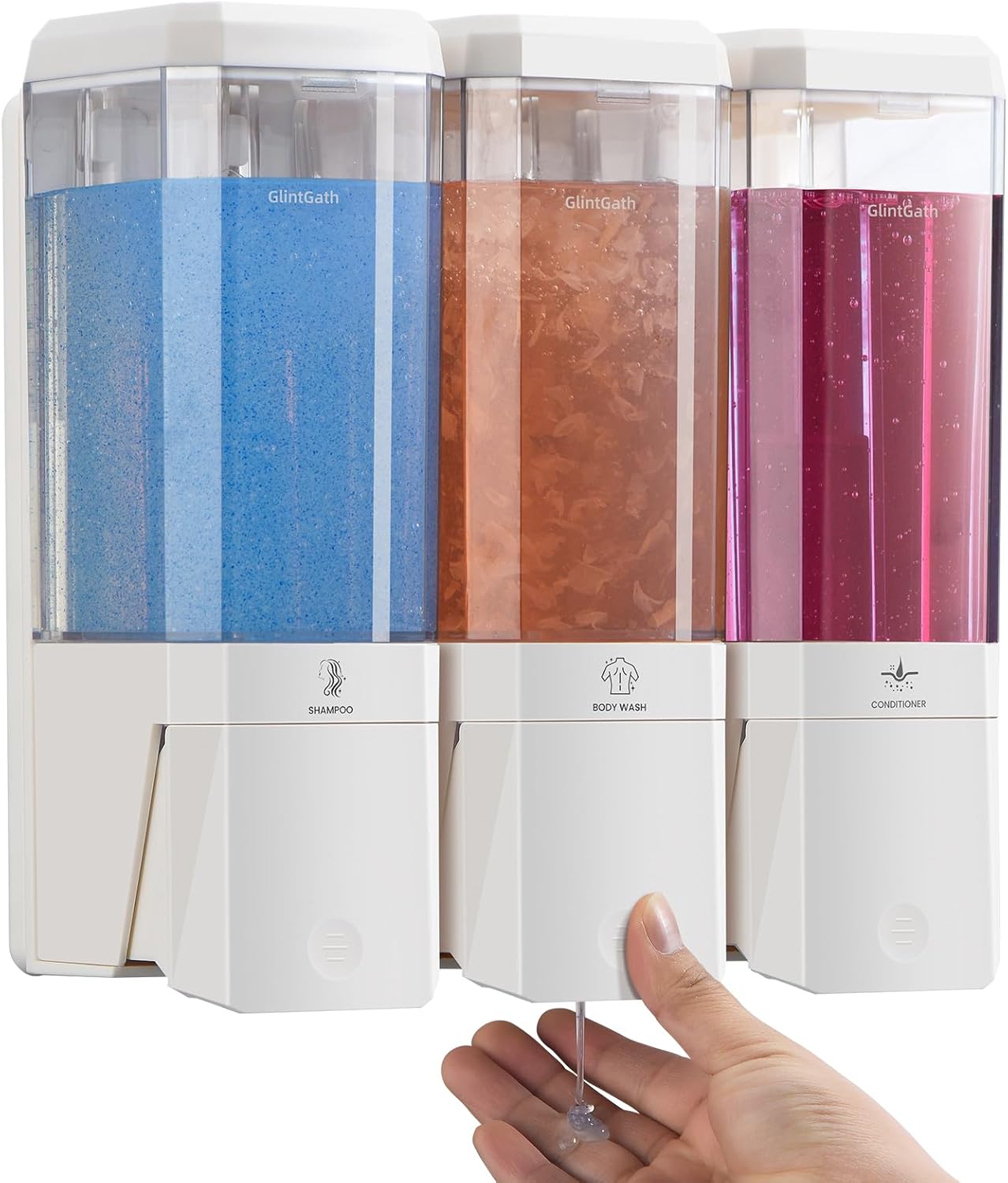 GlintGath 3-Chamber Shower Dispenser - No Drill, Wall Mounted, Large Capacity
