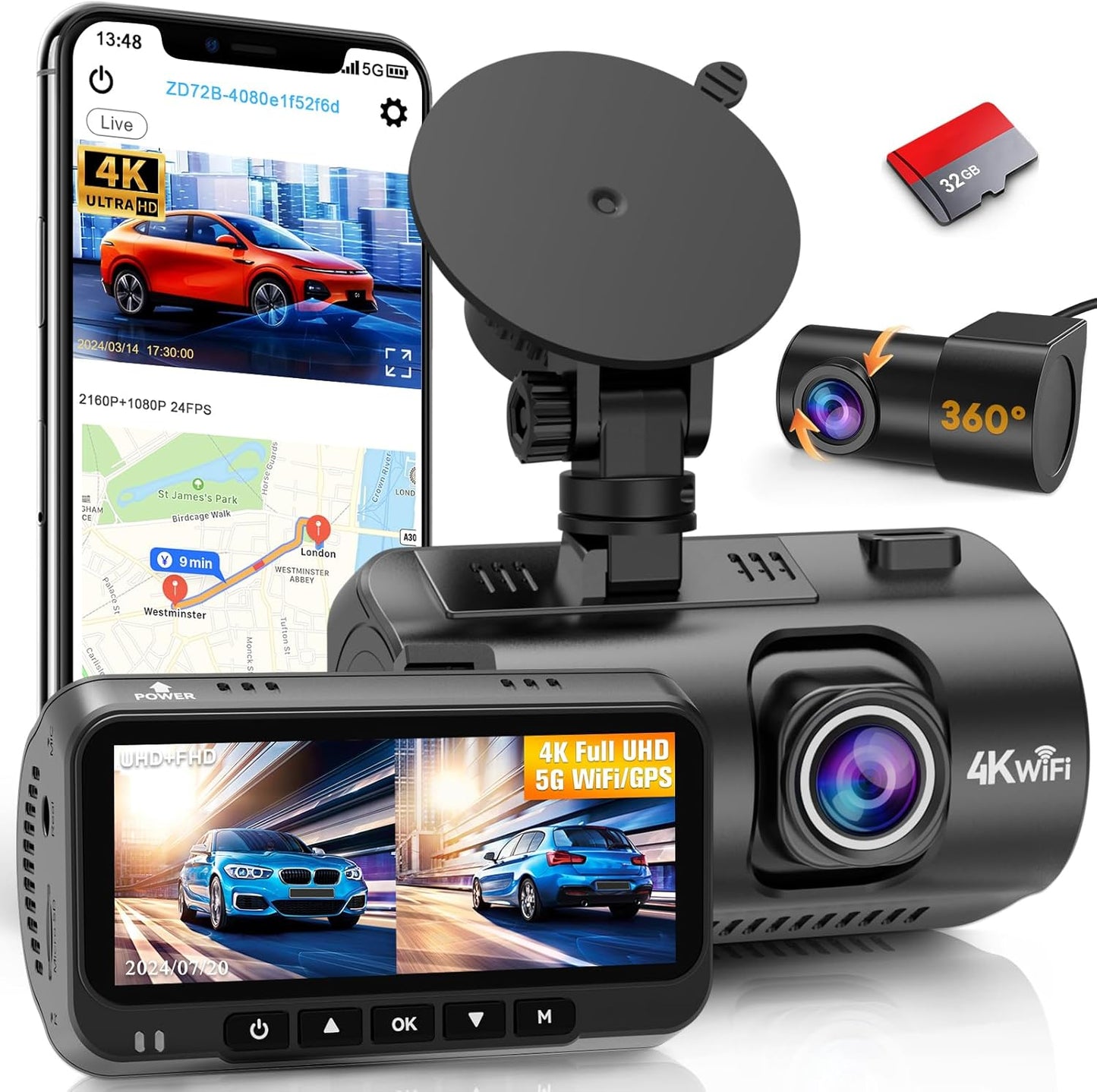 Ultra HD Dash Cam - GPS/WiFi/Night Vision - 24H Parking Mode - Compact Design - DoHonest