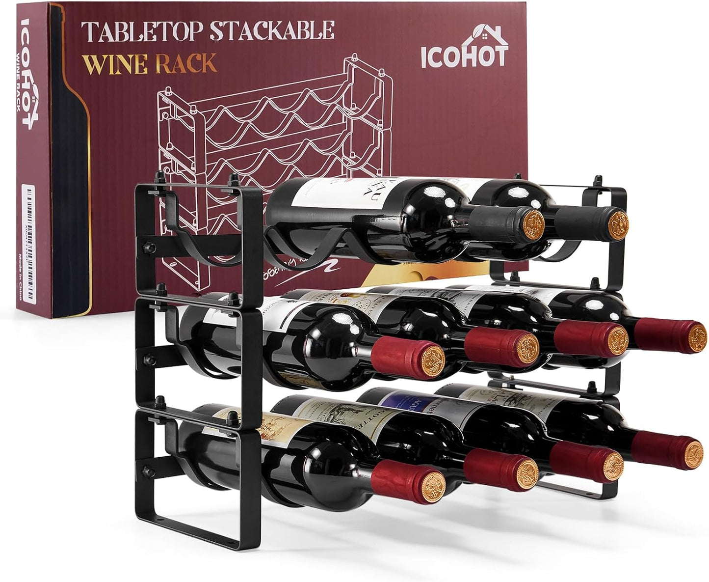 Stackable Wine Rack Countertop for 12 Bottles, Sturdy Design
