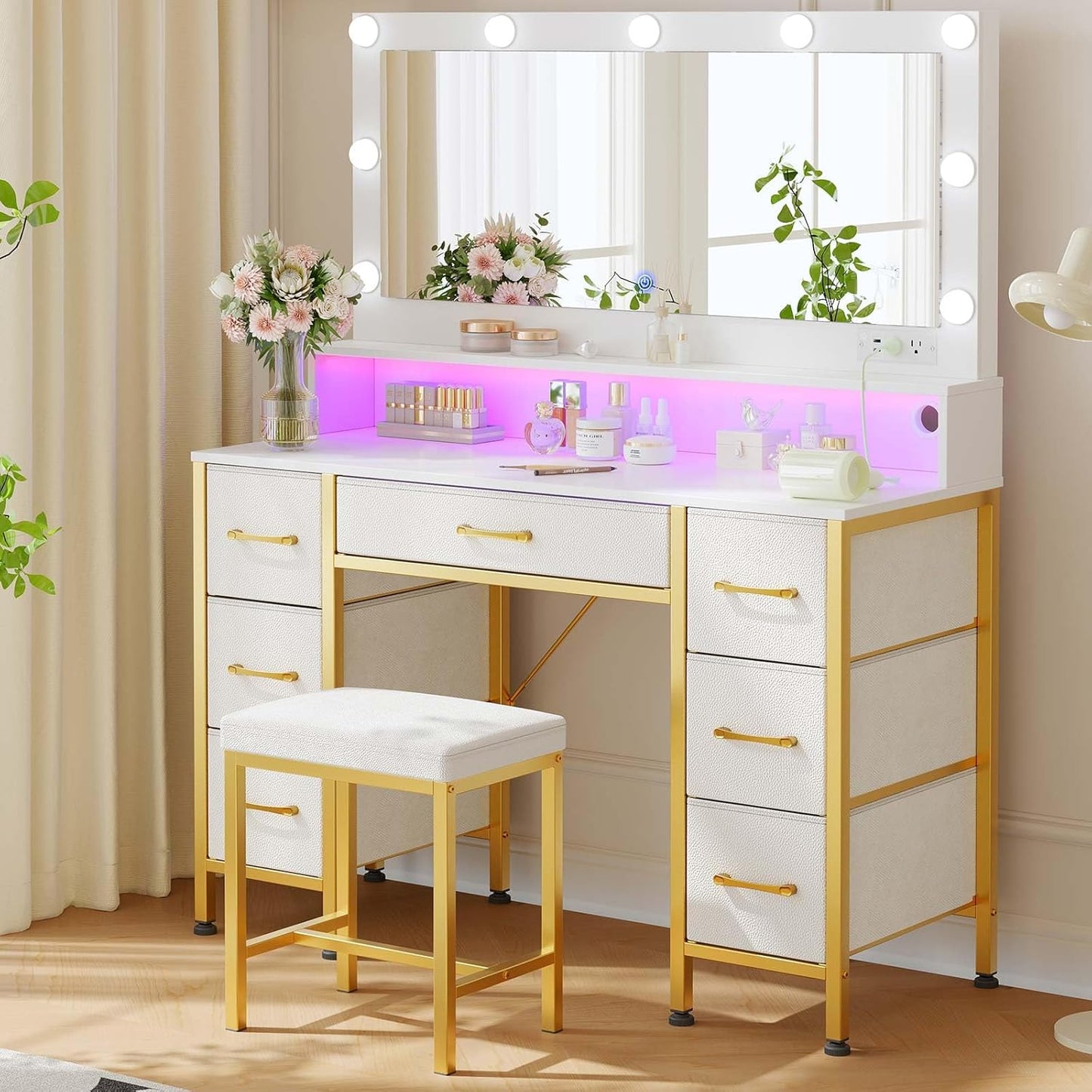 Rolanstar LED Vanity Desk Set in White/Gold