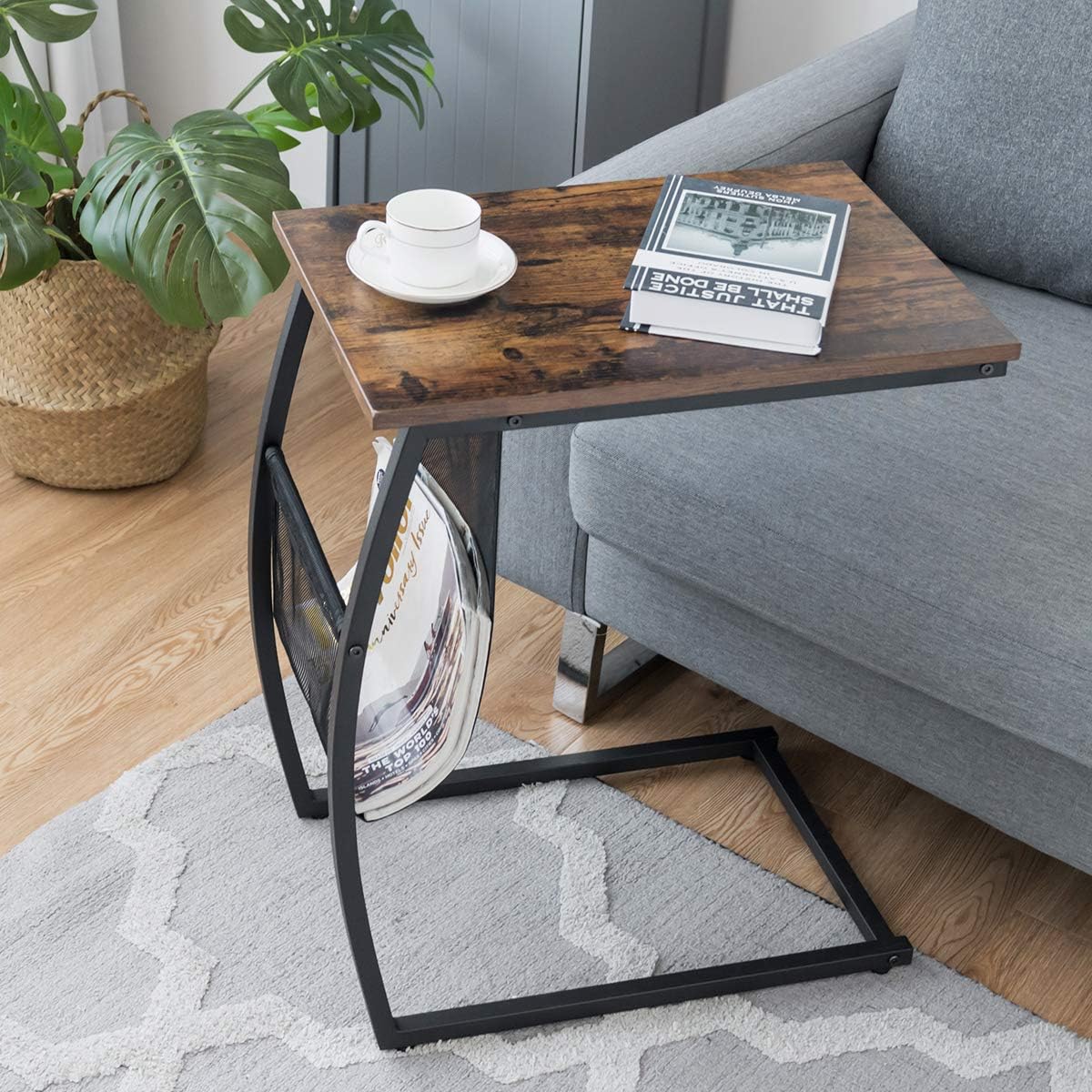 Tangkula Rustic Brown C Table - Convenient Side Pocket & Metal Frame