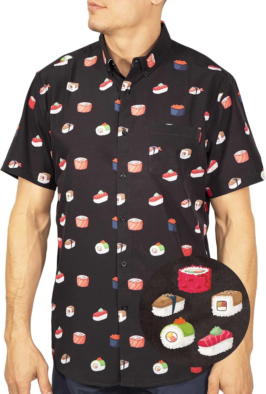 Mens Short Sleeve Button Down Novelty Print Sushi Shirts