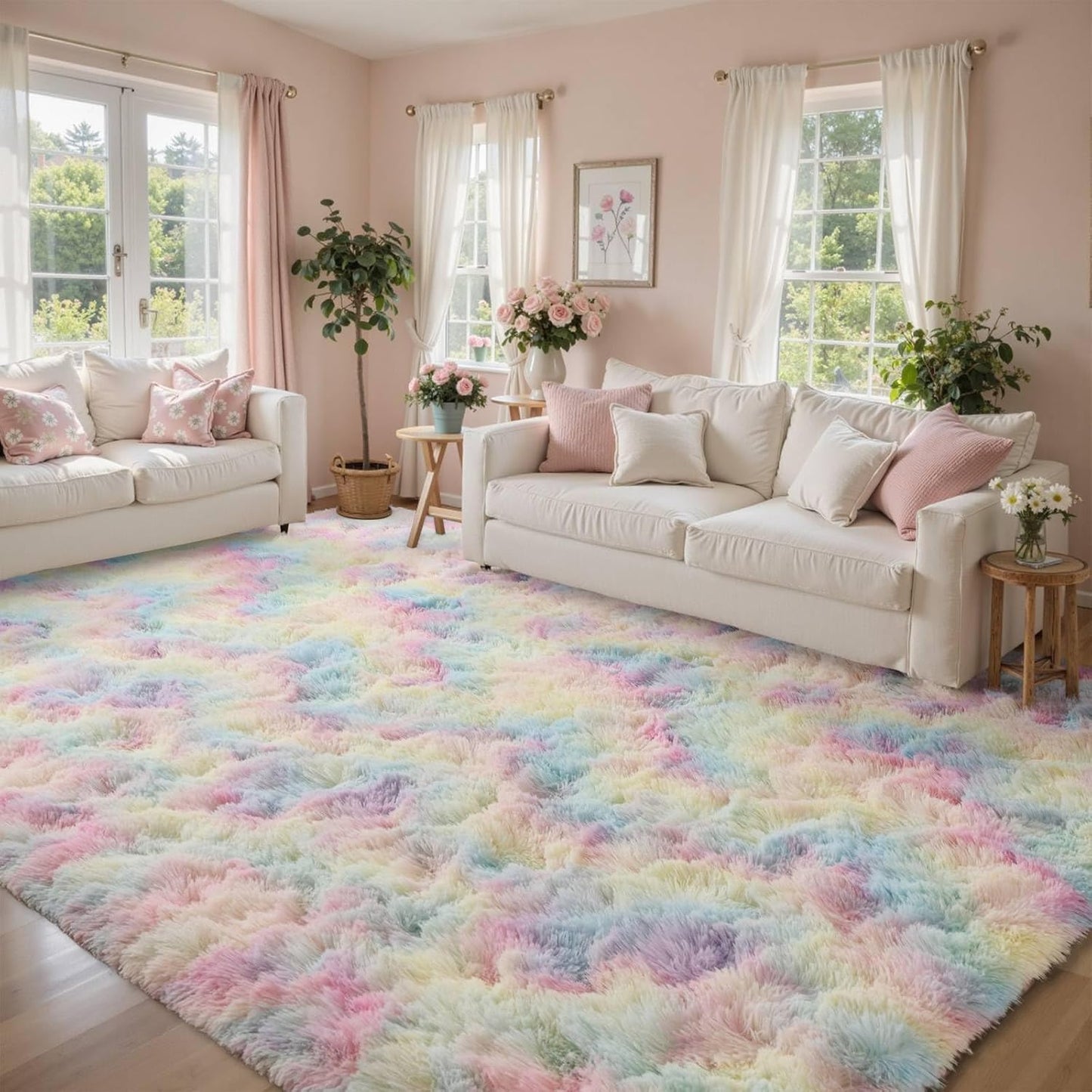 Fluffy Rainbow Area Rug 8x10 ft Soft Fuzzy Non-Slip Carpet