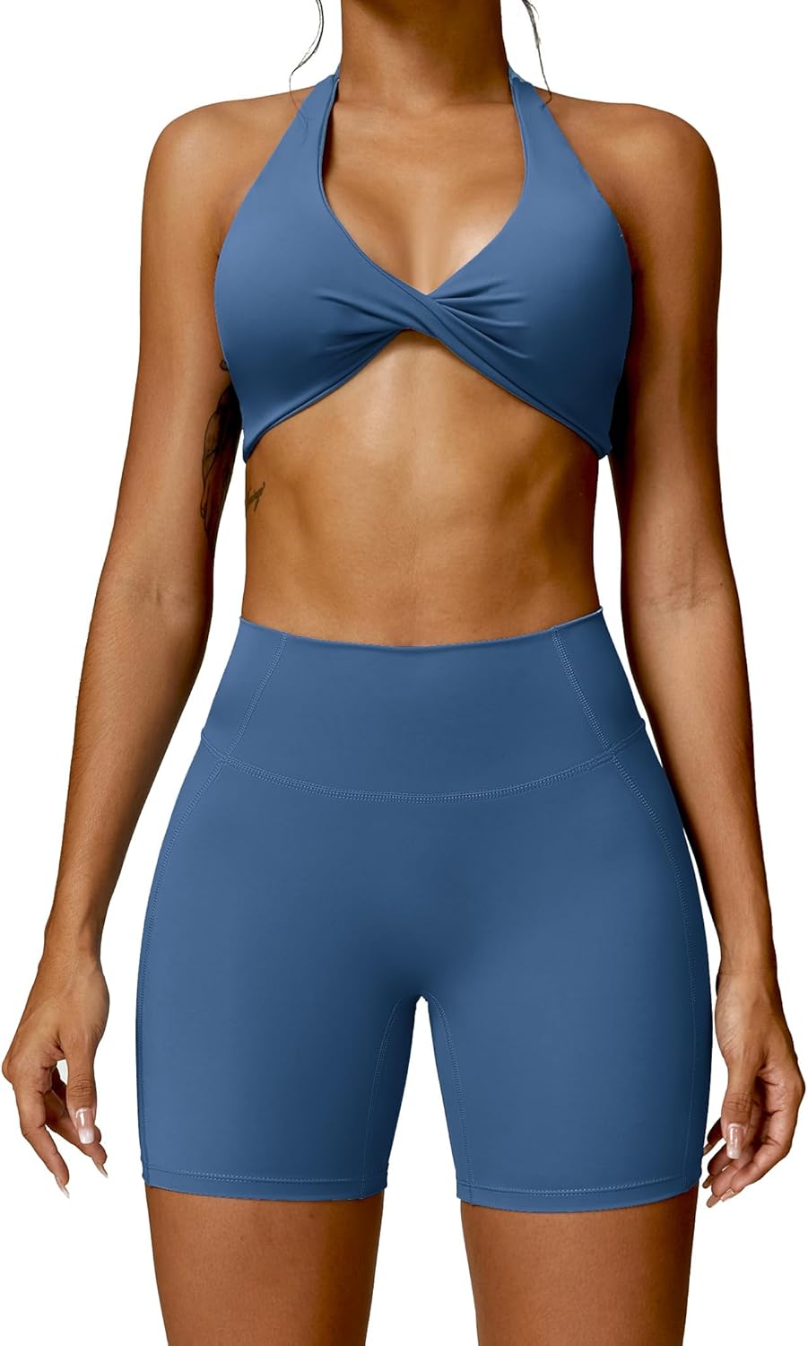 ABOCIW Twist Front Sports Bra & Biker Shorts Set