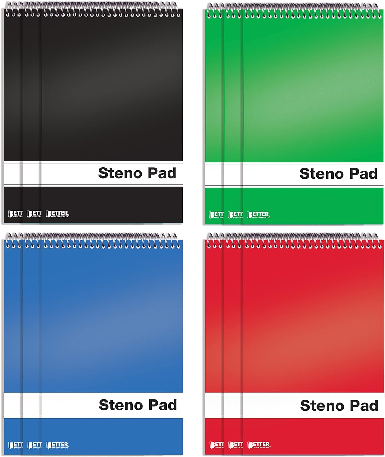 Premium Steno Pads 12 Pack | Gregg Rule | 80 Sheets | Assorted Colors