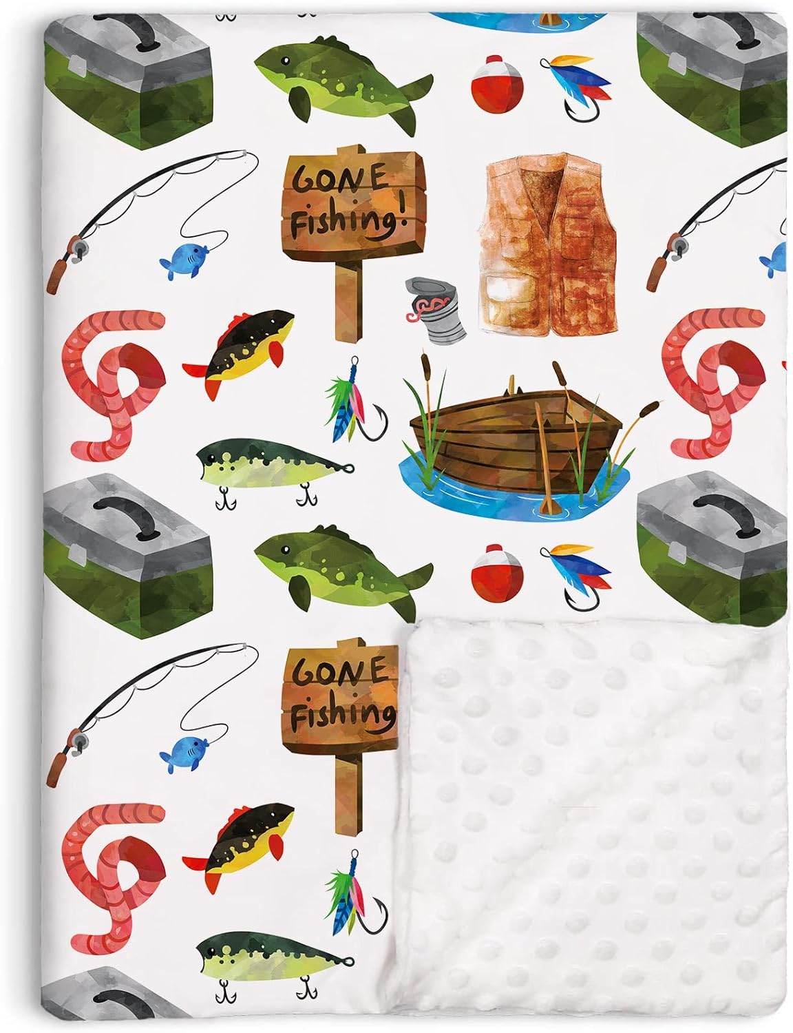 Gone Fishing Baby Blanket - Soft Minky, Double Layered Backing, Nursery Crib Size 30x40
