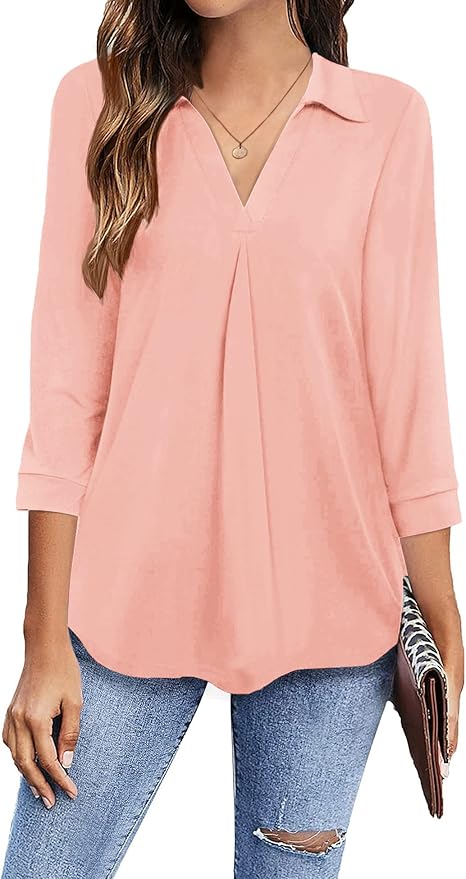 Newchoice Womens Collared V Neck 3/4 Sleeve Business Casual Tops