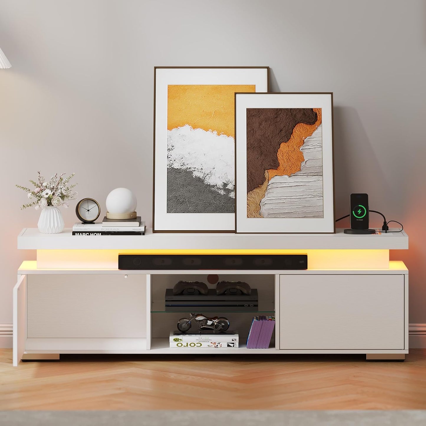 Modern White TV Stand with Power & LED Light