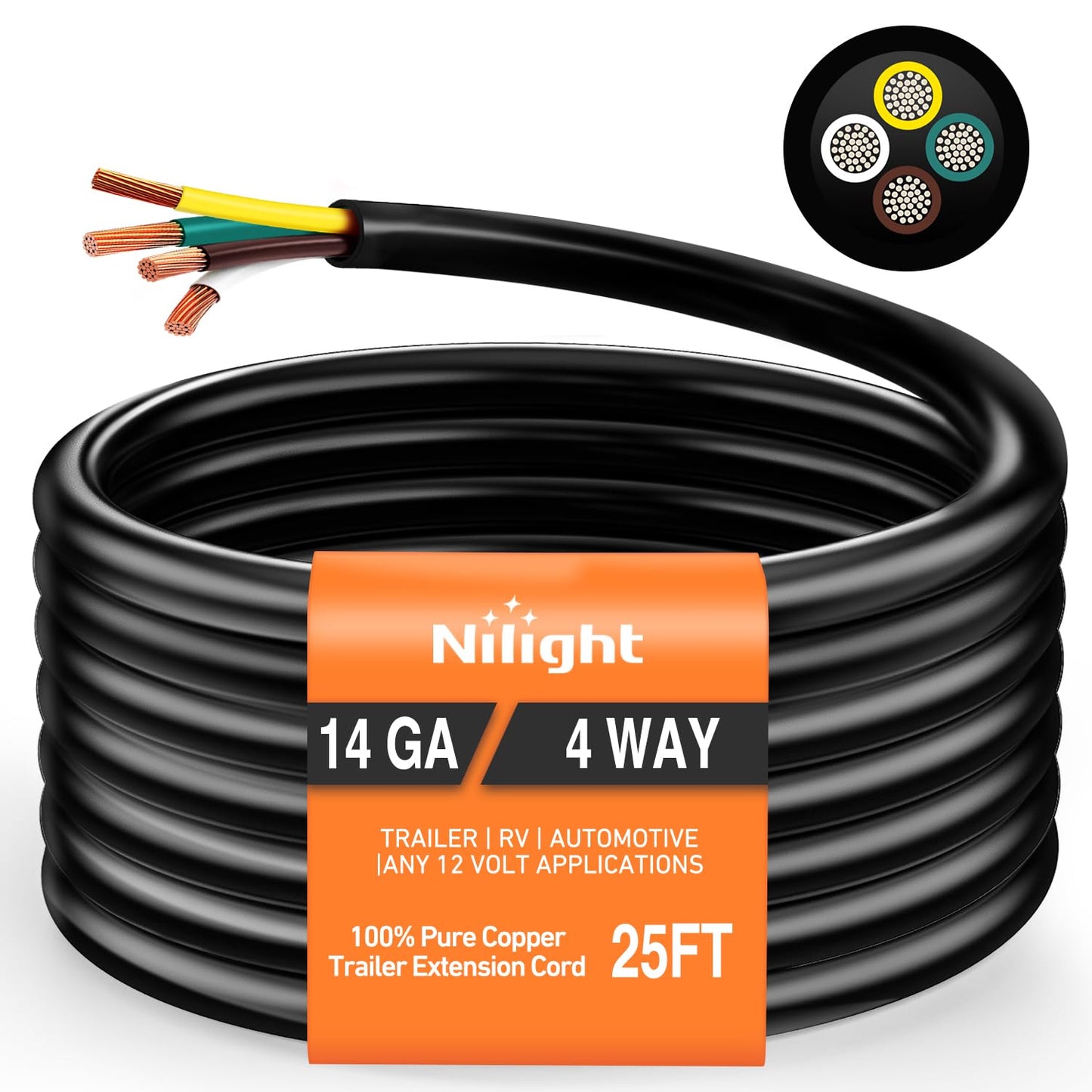 Nilight 25 Feet 4 Way Trailer Wire Extension Cable for RVs
