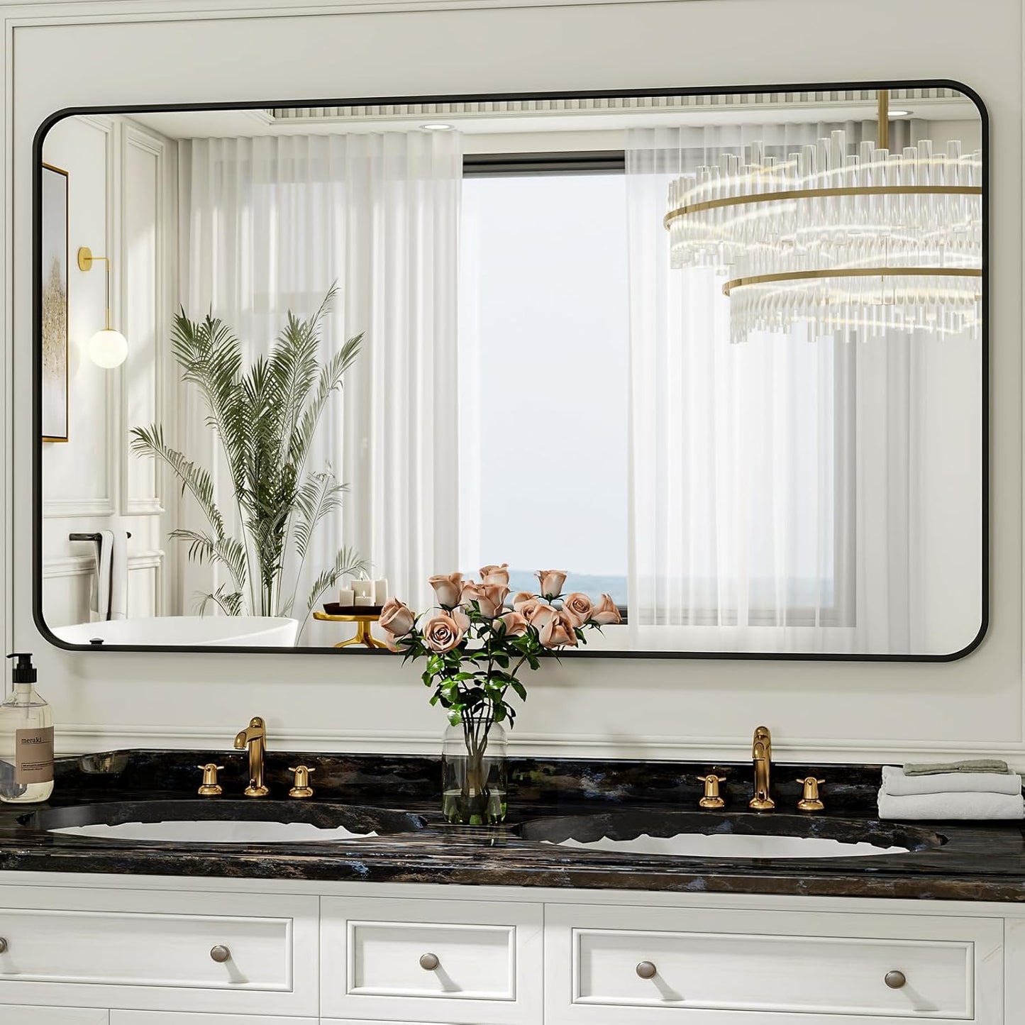 48x36 Black Bathroom Mirror with Rounded Corners for Wall
