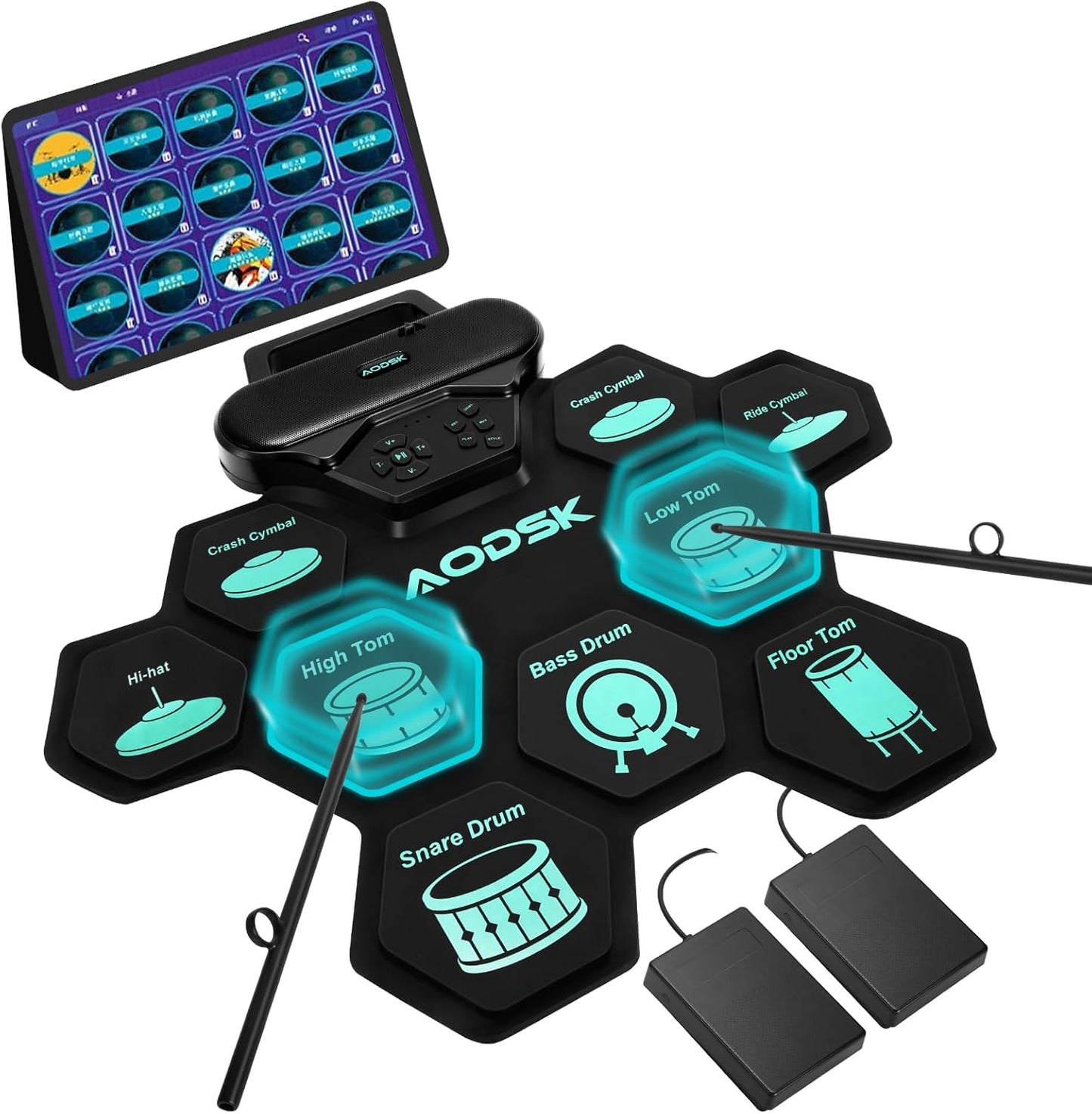 AODSK Electronic Drum Set with 9 Pads and Built-in Speaker