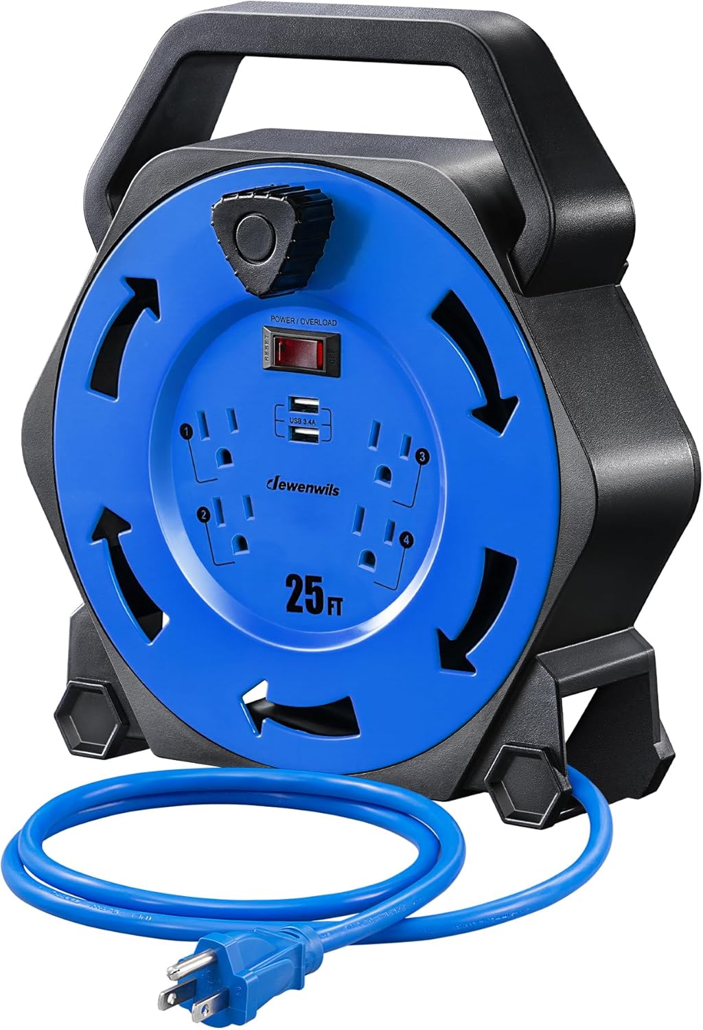 DEWENWILS Cord Reel with 4 Outlets and 2 USB Ports for Convenience