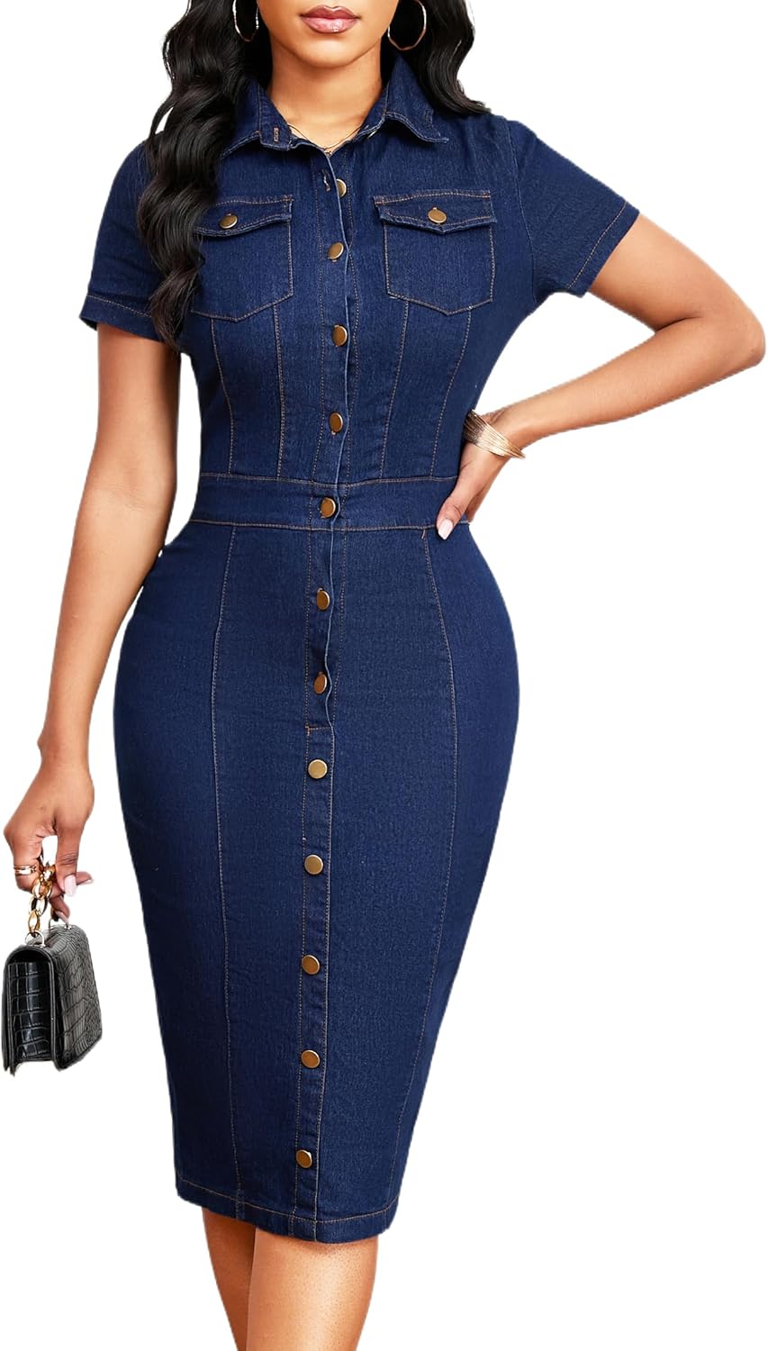 Denim Dress for Women Bodycon Sexy Short Sleeve Jean Split Workwear