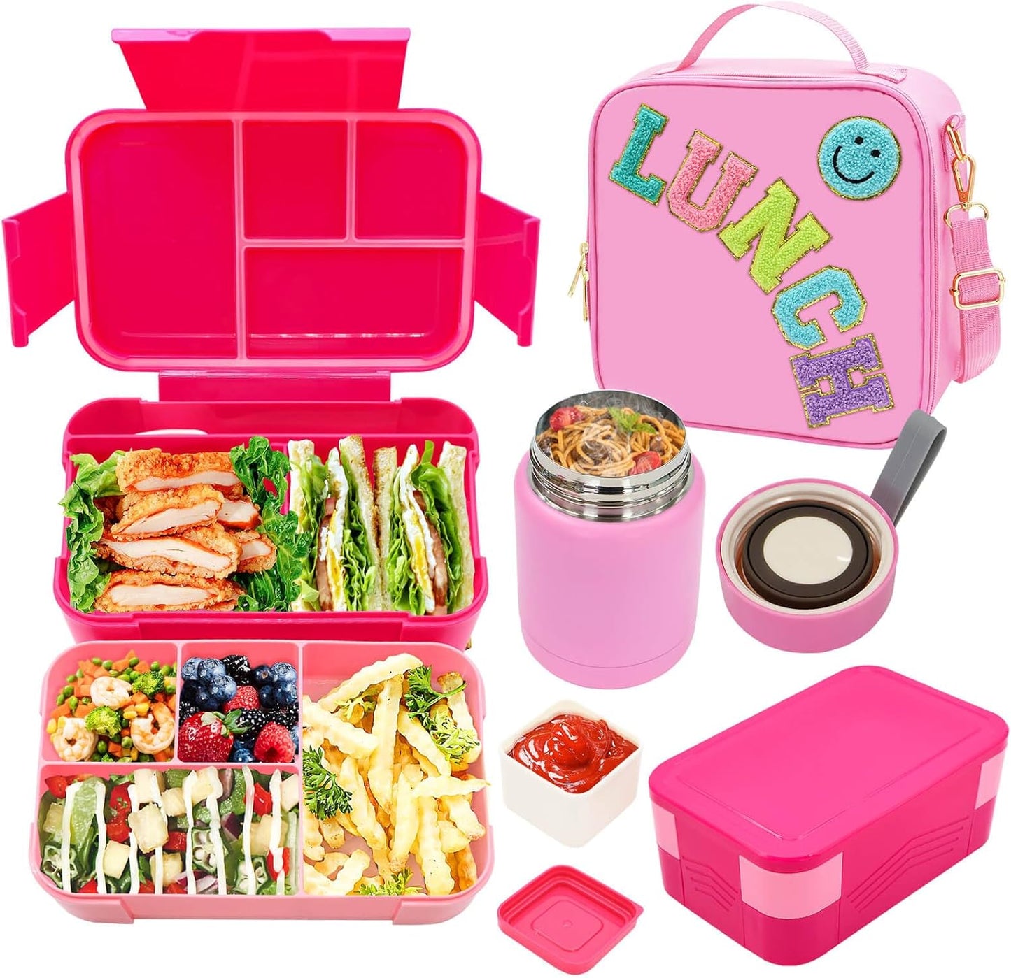 Pink Lunch Box for Girls with Bento Box and Thermo Set