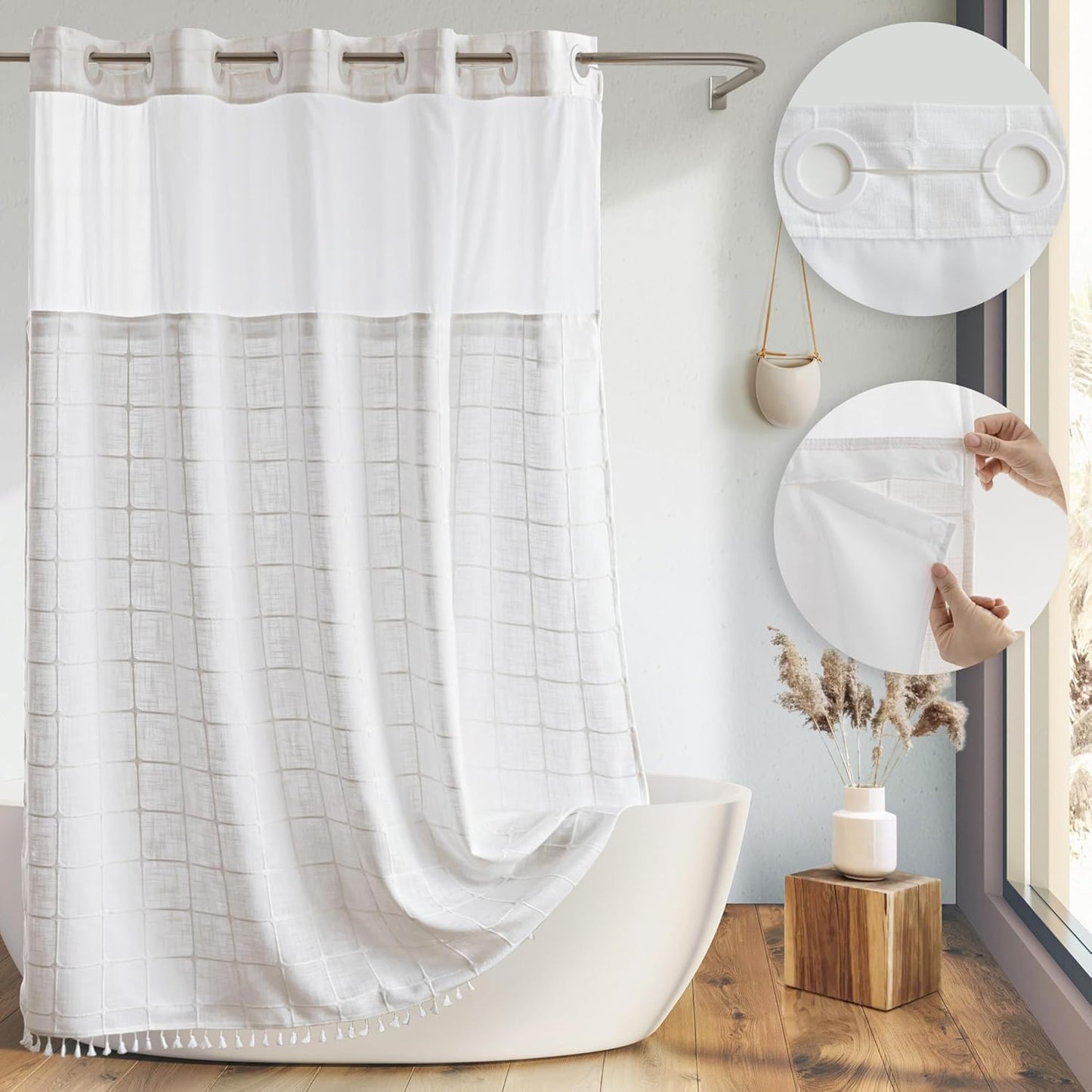 River Dream White Farmhouse Shower Curtain with Snap-in Liner