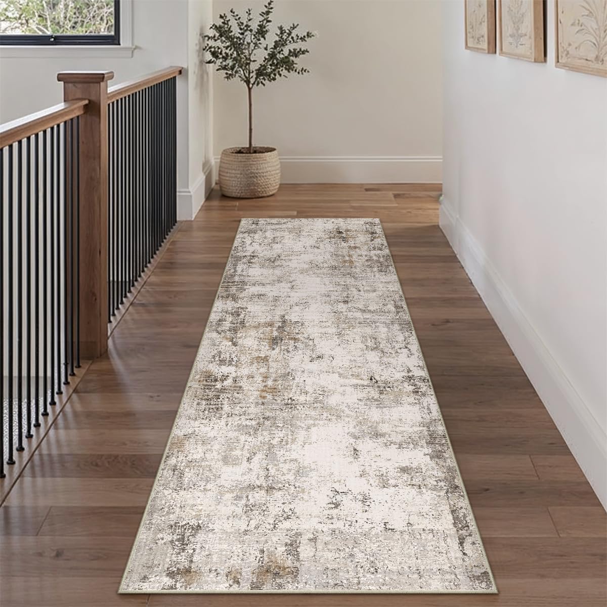 2x8 Washable Runner Rug in Brown Grey Abstract Design for Home