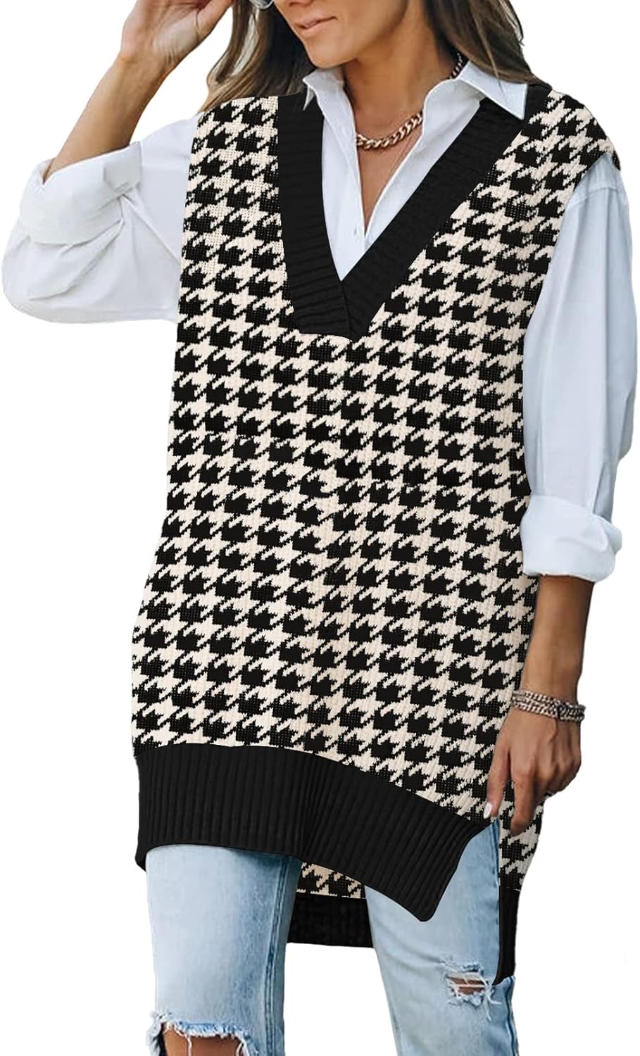Viottiset Women's Oversized V Neck Knit Sweater Vest Tunic
