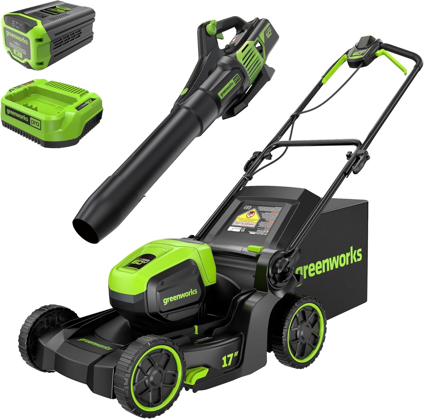 Greenworks 60V 17in Brushless Mower and Blower Combo for Lawn Care