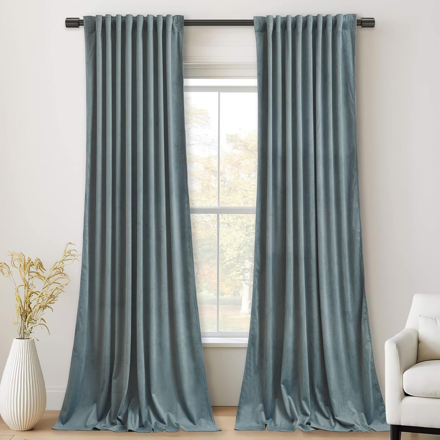 StangH Stone Blue Velvet Curtains 92in Long for Luxury Decor