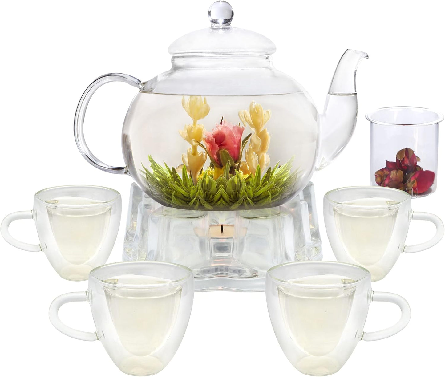 Elegant Glass Teapot Set with Double-Wall Cups and Infuser