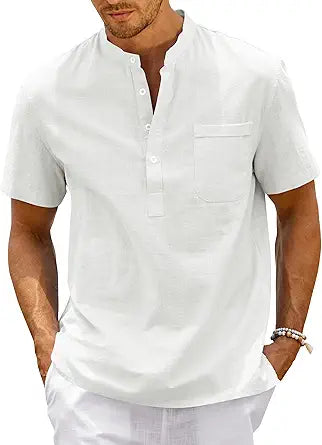 Enjoybuy Men's Linen Henley Shirts for Summer Beach Casual Wear
