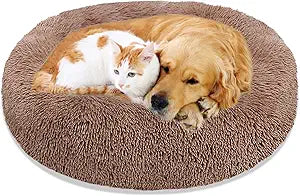 Calming Dog Bed Cat Bed - Washable Round Faux Fur Donut Cuddler