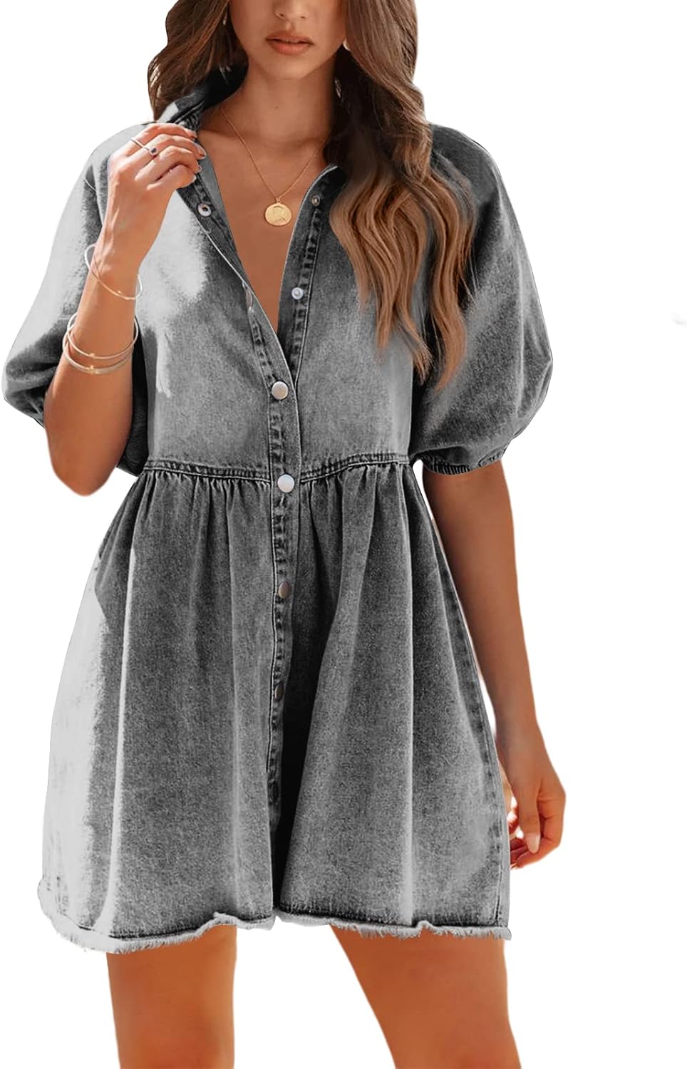 Pepochic Womens Summer Denim Dress Short Sleeve Babydoll Style