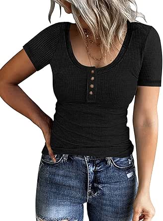 PIIRESO Women's Short Sleeve Button Scoop Neck Ribbed Shirts