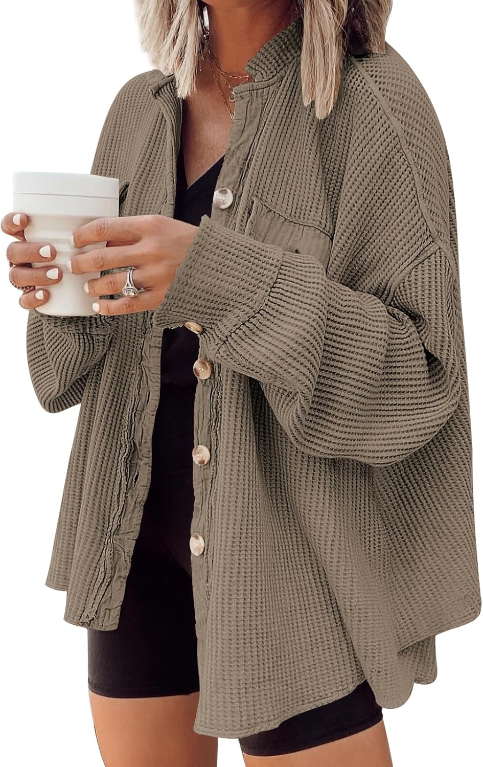 AUTOMET Fall Outfits for Women 2025 Waffle Knit Button Down Shirt