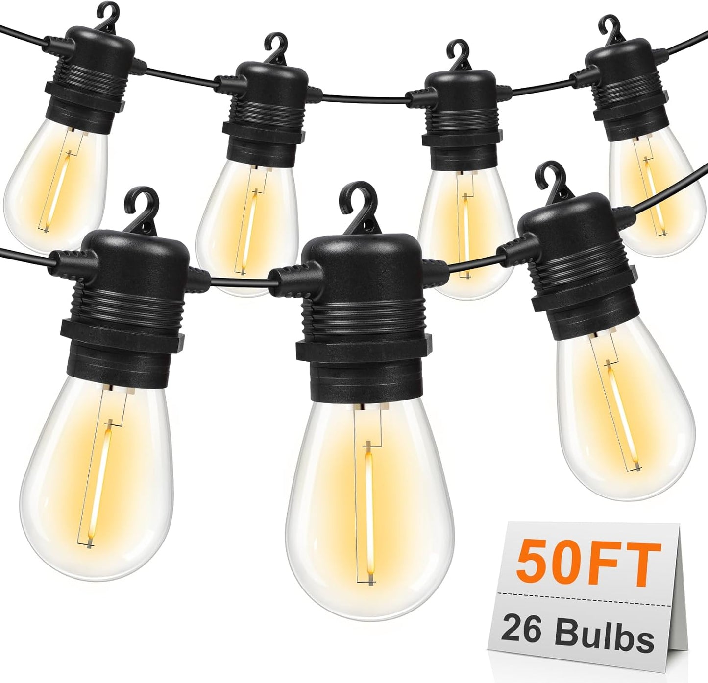 50FT LED Outdoor String Lights with Dimmable S14 Edison Bulbs
