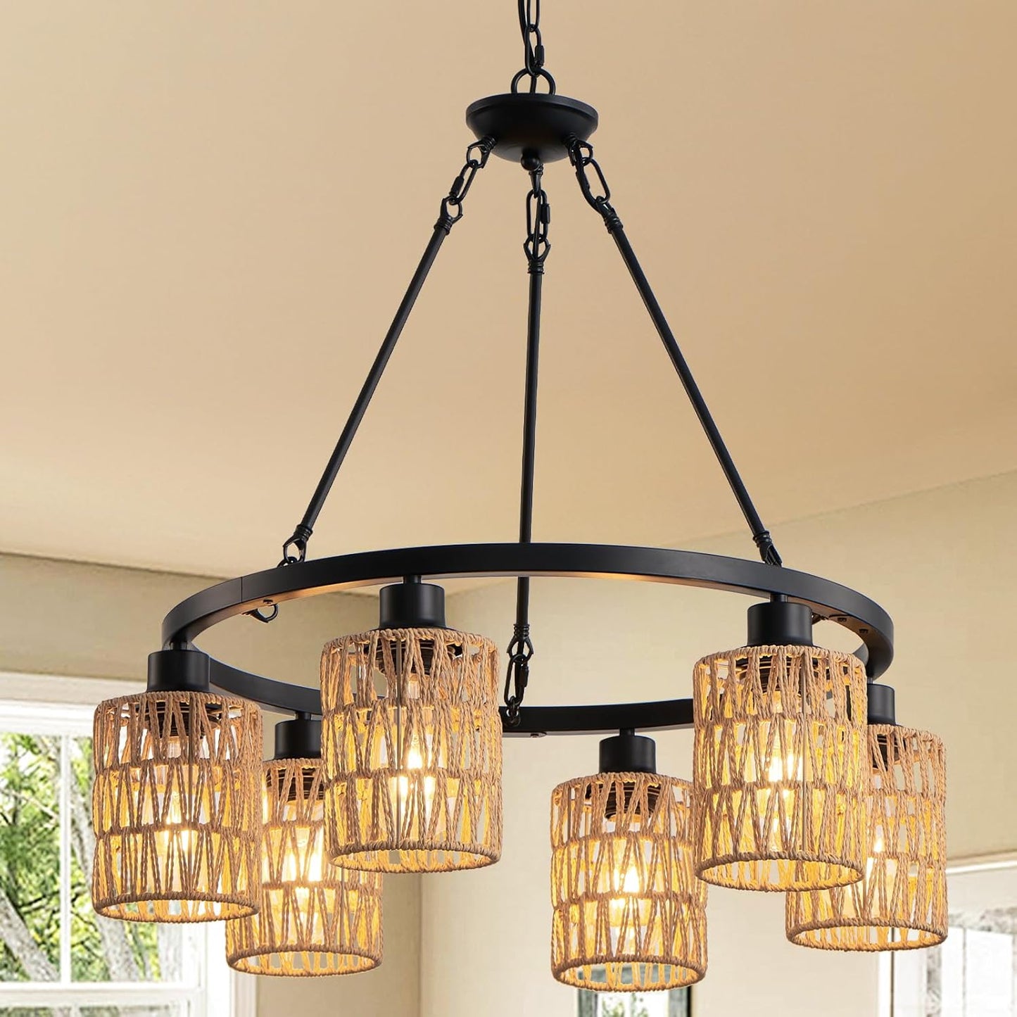 6-Light Boho Rattan Chandelier for Dining Room and Kitchen