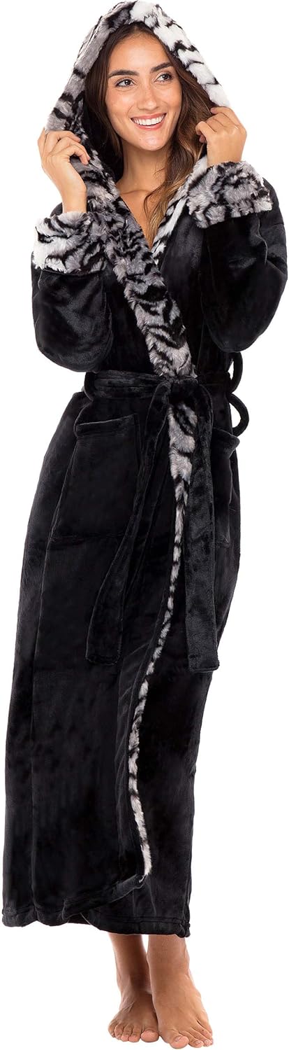 Faux Fur Hooded Robe for Women - Soft Plush Fleece Comfort