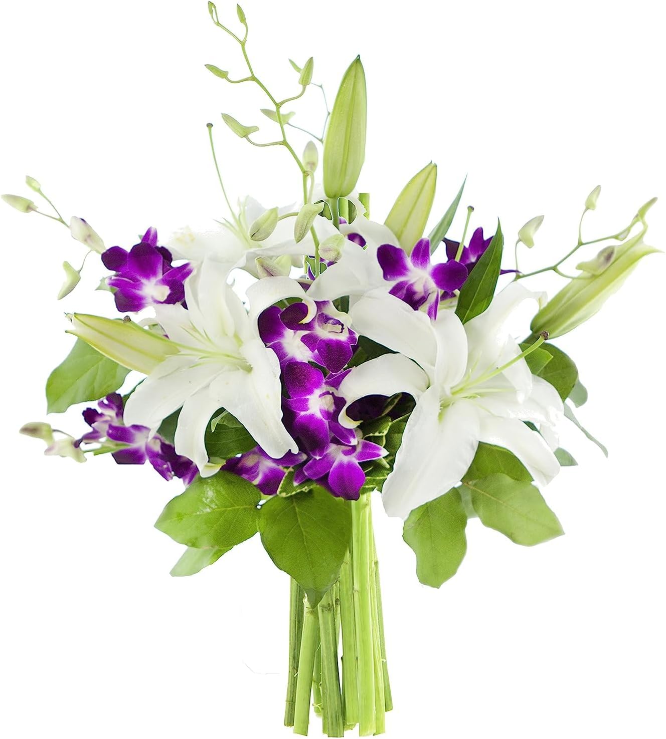 Stunning Bouquet of 3 Oriental White Lily & Purple Orchid
