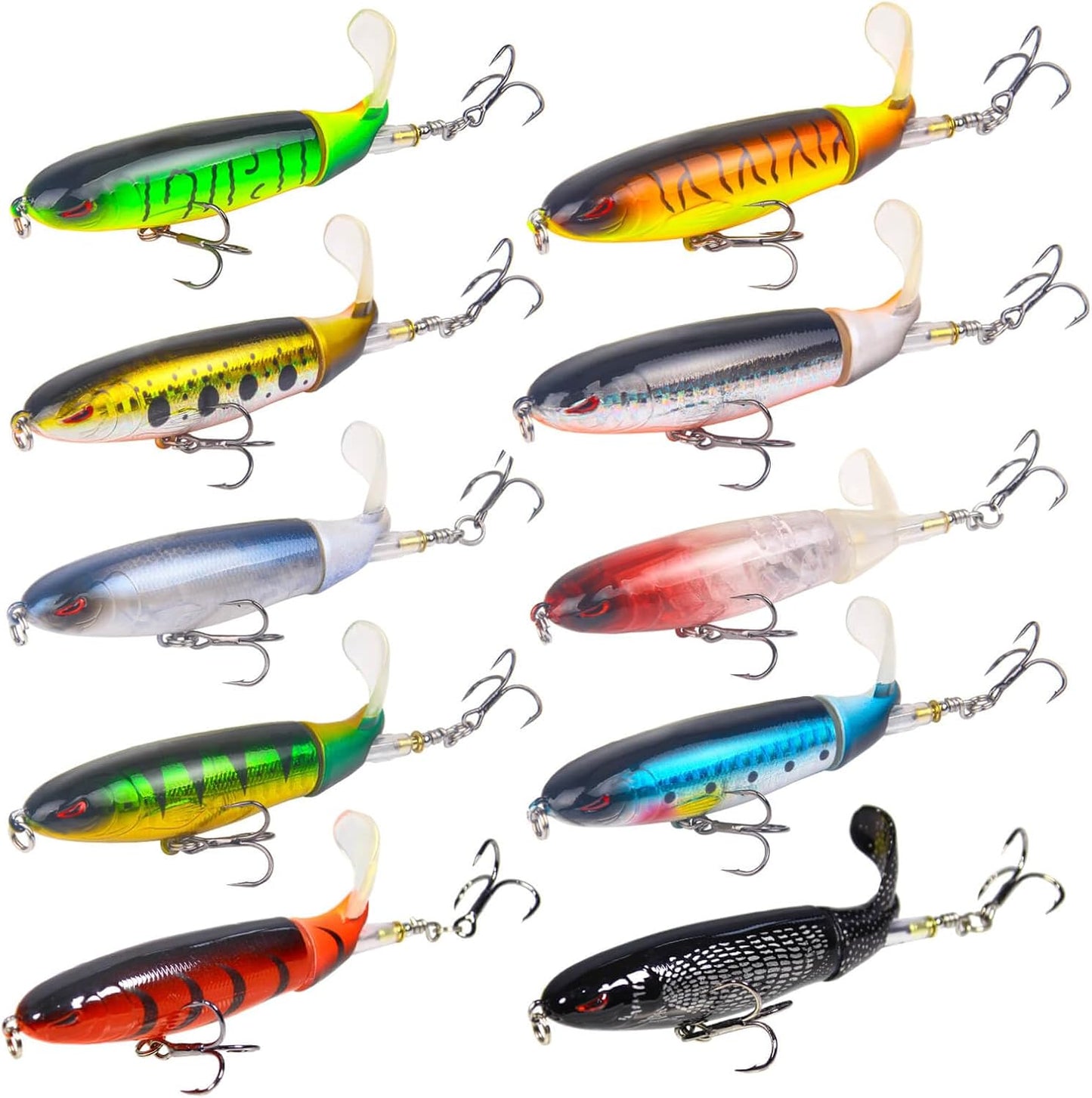 10Pcs Bass Popper Lures: Floating Tail, Rotating Hooks
