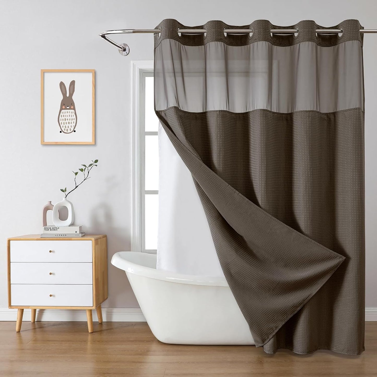 Brown No Hook Waffle Weave Shower Curtain for Stylish Bathrooms