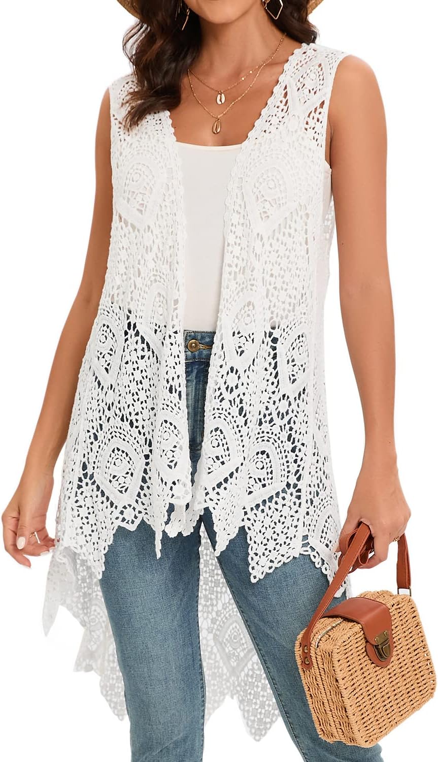 Women's Crochet Lace Vest Boho Sleeveless Kimono Cardigan