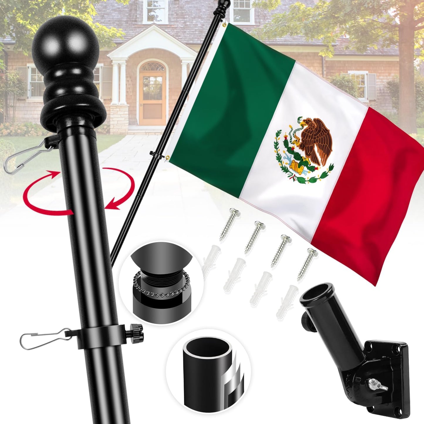Mexico Flag with Poles for Outside House - Durable 6ft Kit