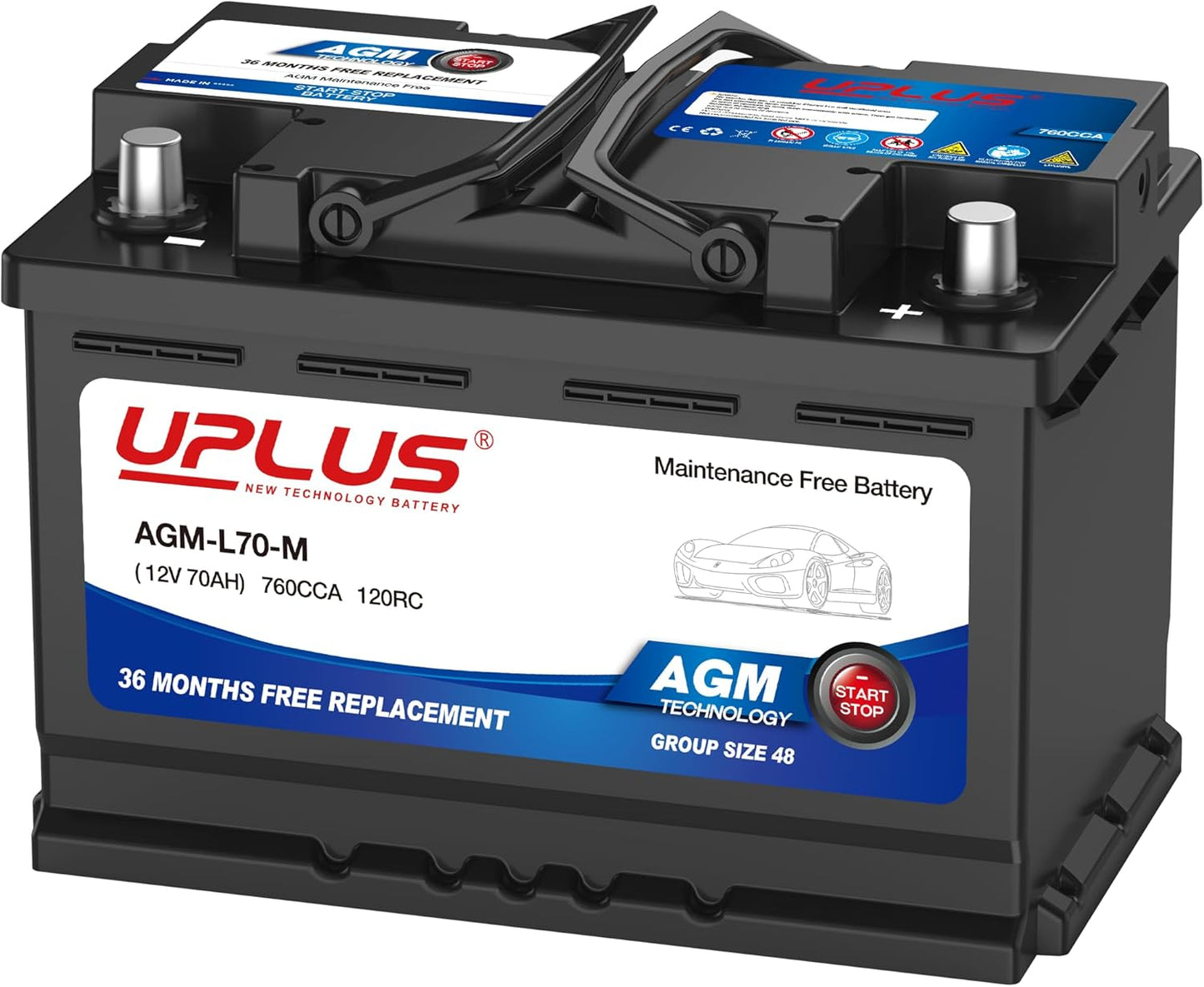 UPLUS BCI Group 48 Car Battery AGM-L70-M 12V 70Ah Power