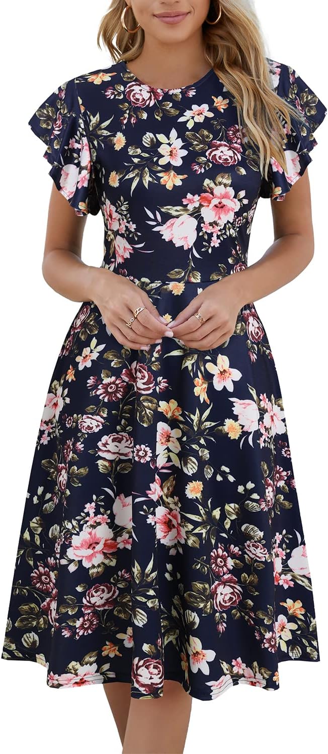 HELYO Women's Semi-Formal Ruffle Sleeves V-Back Dress with Pockets