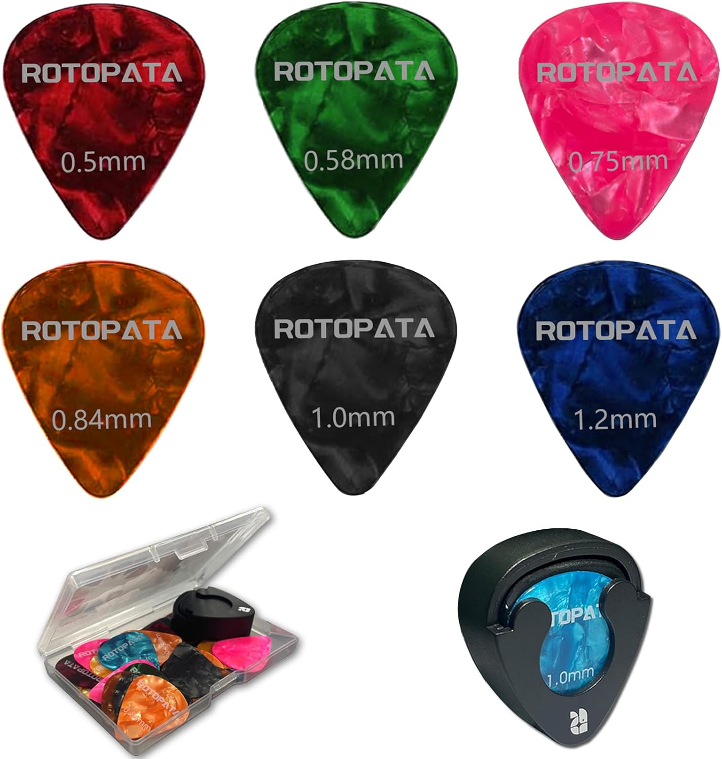 ROTOPATA Guitar Pick Holder: 30 Picks + Clear Box - Stick & Play Any Instrument!