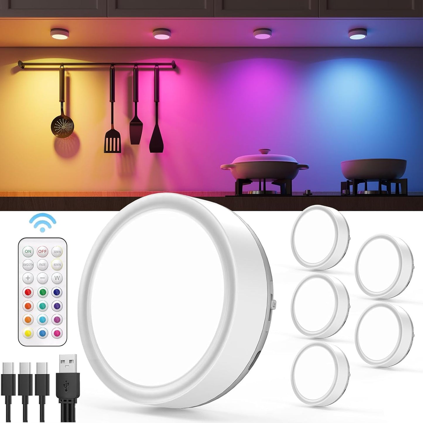 RGB Rechargeable Puck Lights with Remote Control for Home Use