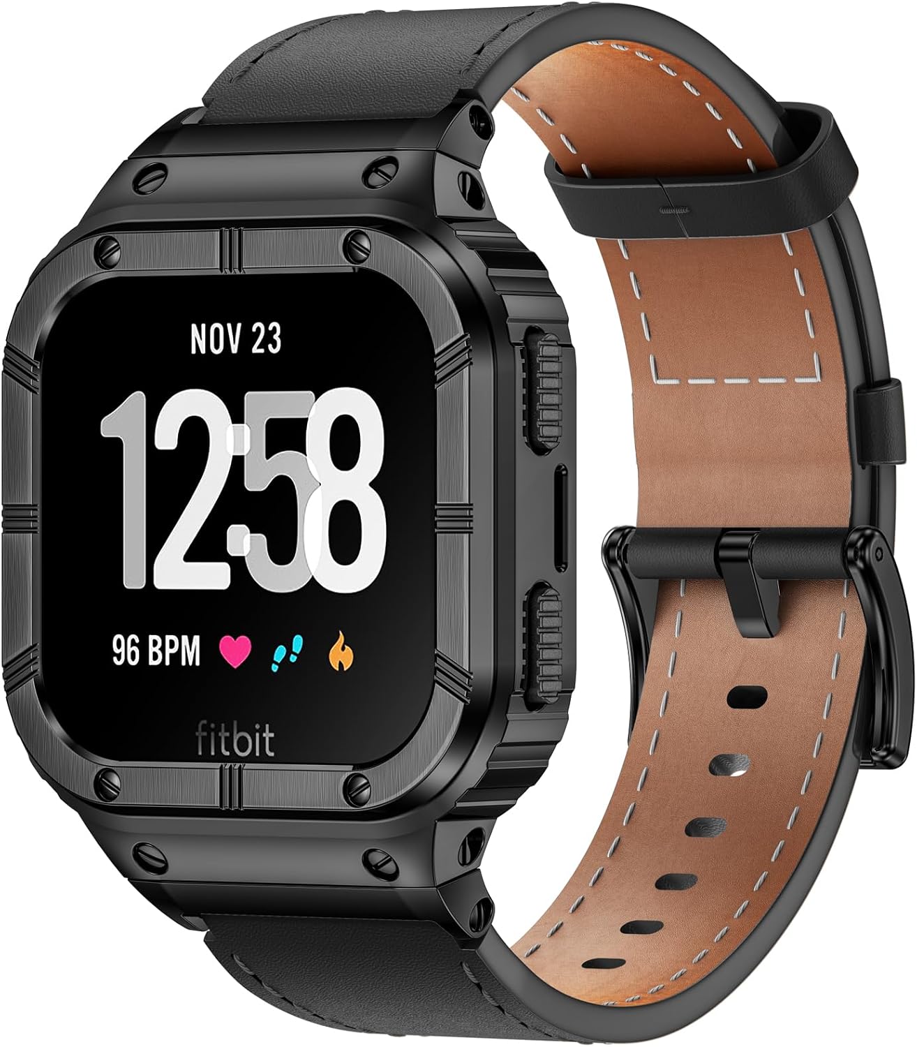 Leather Bands with Stainless Steel Case for Fitbit Versa Series