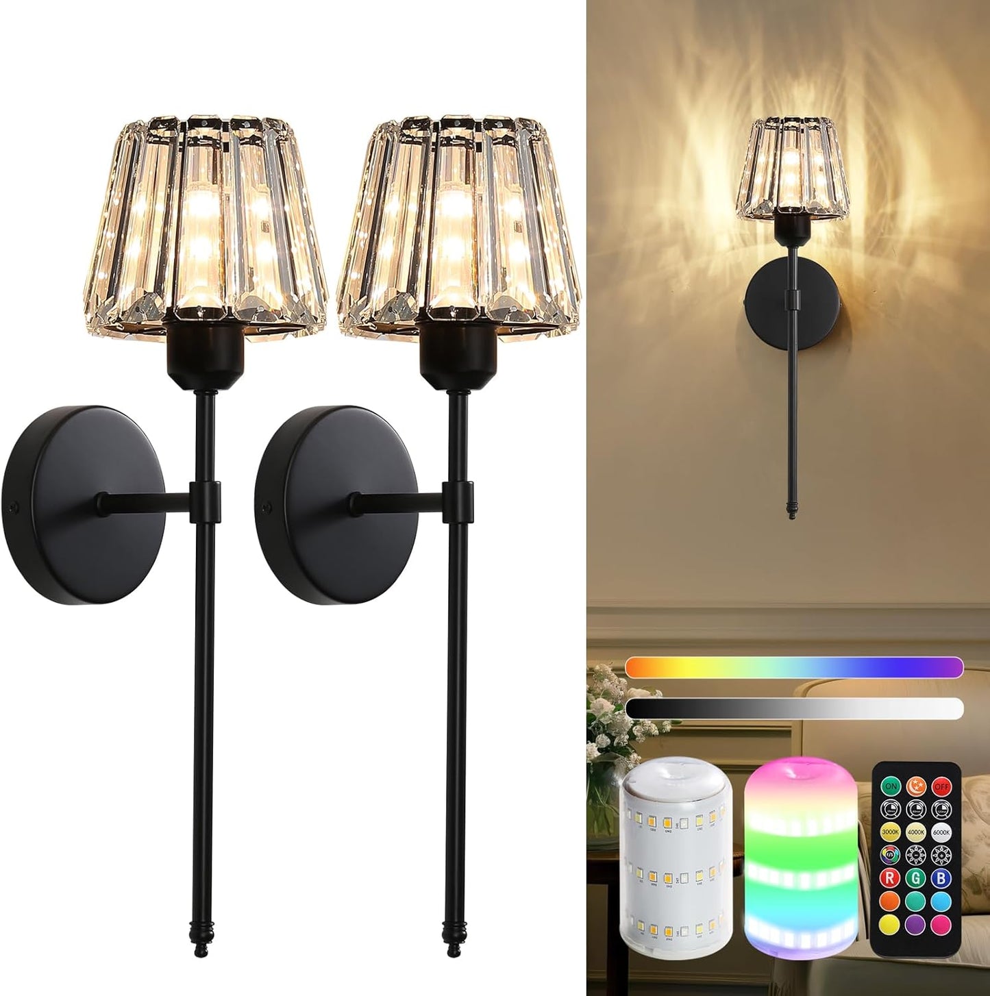 Battery Operated Crystal Wall Sconce Set of 2 for Home Decor